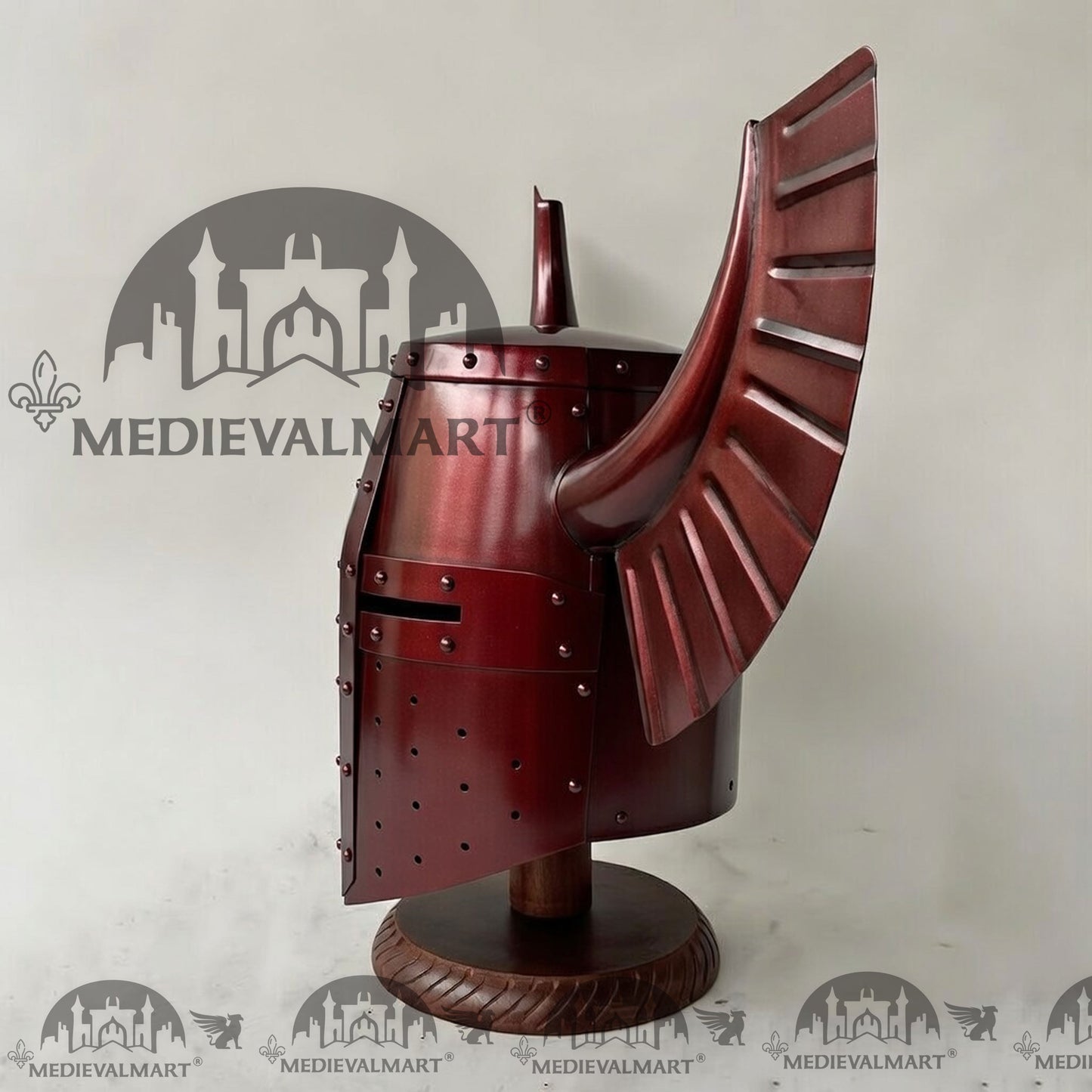 MEDIEVALMART Medieval Templar Warrior Teutonic Maroon Red Finish Wing Helmet with Free Stand