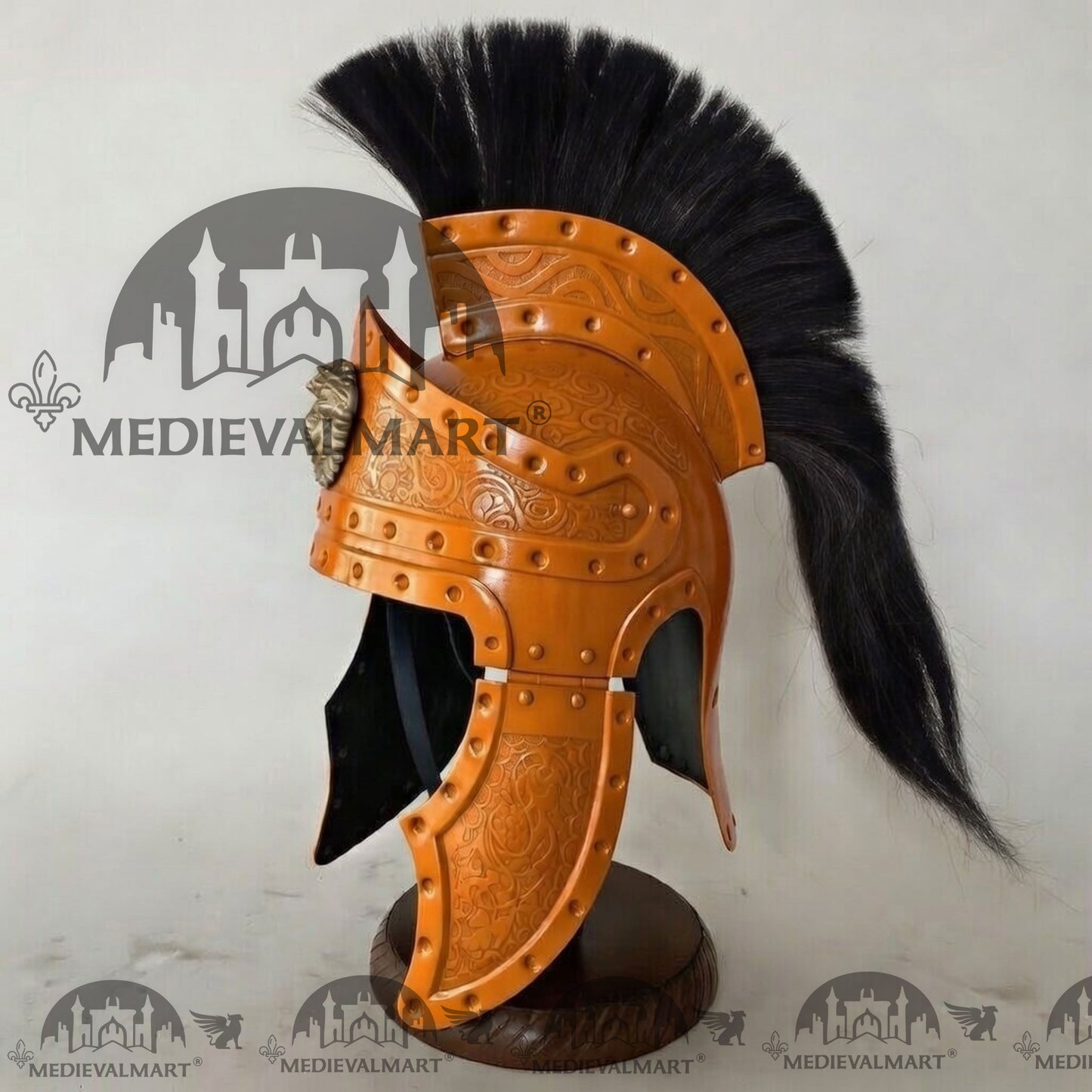 MEDIEVALMART Medieval Roman Centurion Orange Finish Helmet with Black Plume or Free Wooden Stand