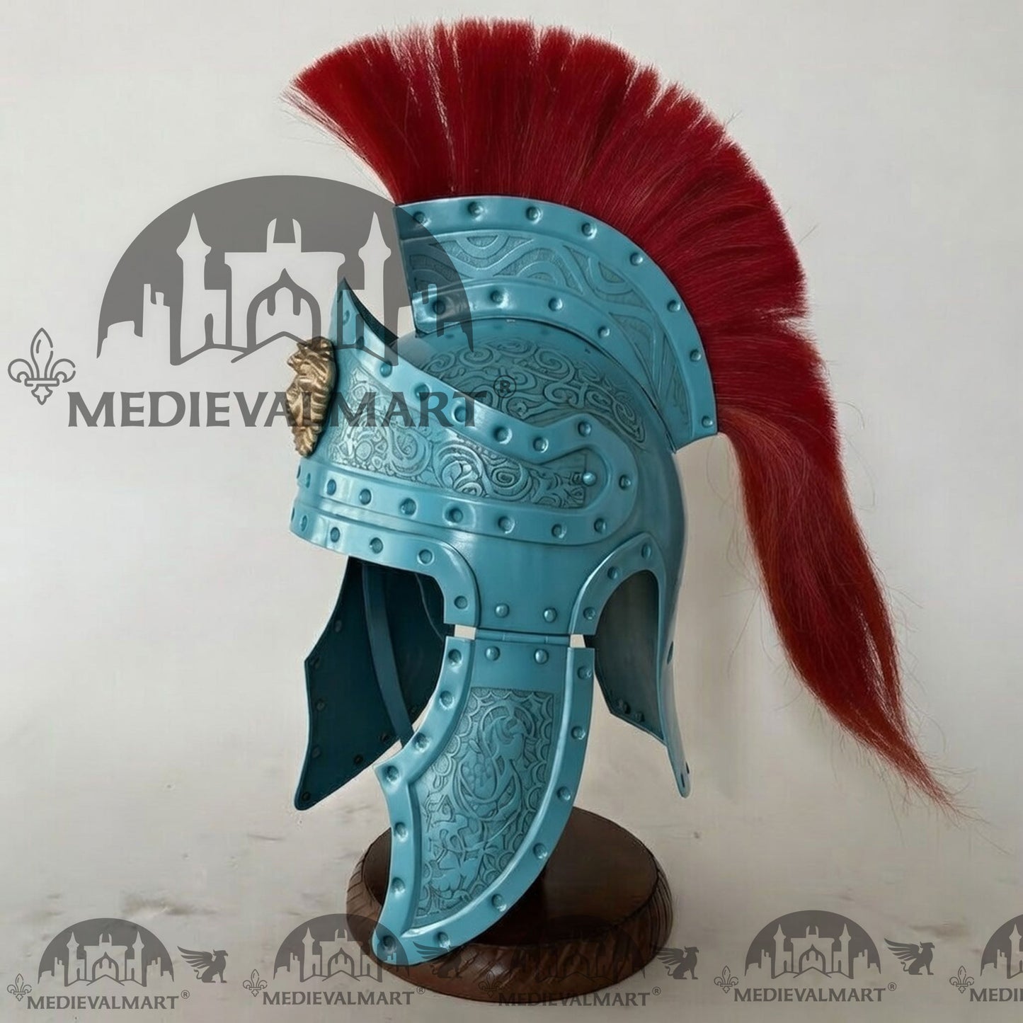 MEDIEVALMART Medieval Roman Centurion Aqua Blue Finish Helmet with Red Plume or Free Wooden Stand
