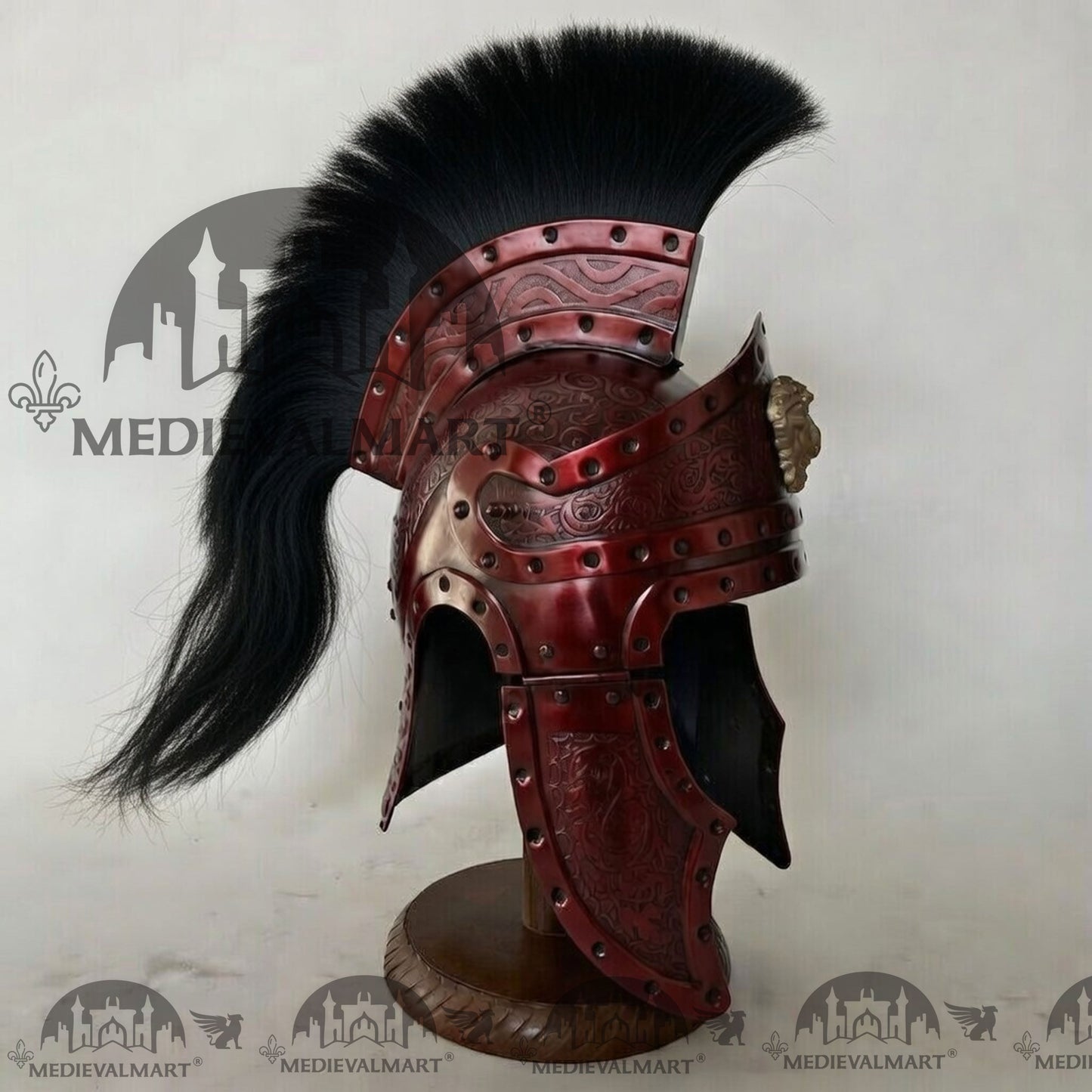 MEDIEVALMART Medieval Roman Centurion Maroon Red Finish Helmet with Black Plume or Free Wooden Stand