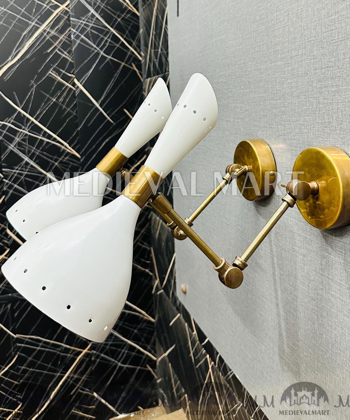 MEDIEVALMART Mid Century Italian Stilnovo Wall Sconce Pair: Brass Adjustable Bedside Lamps