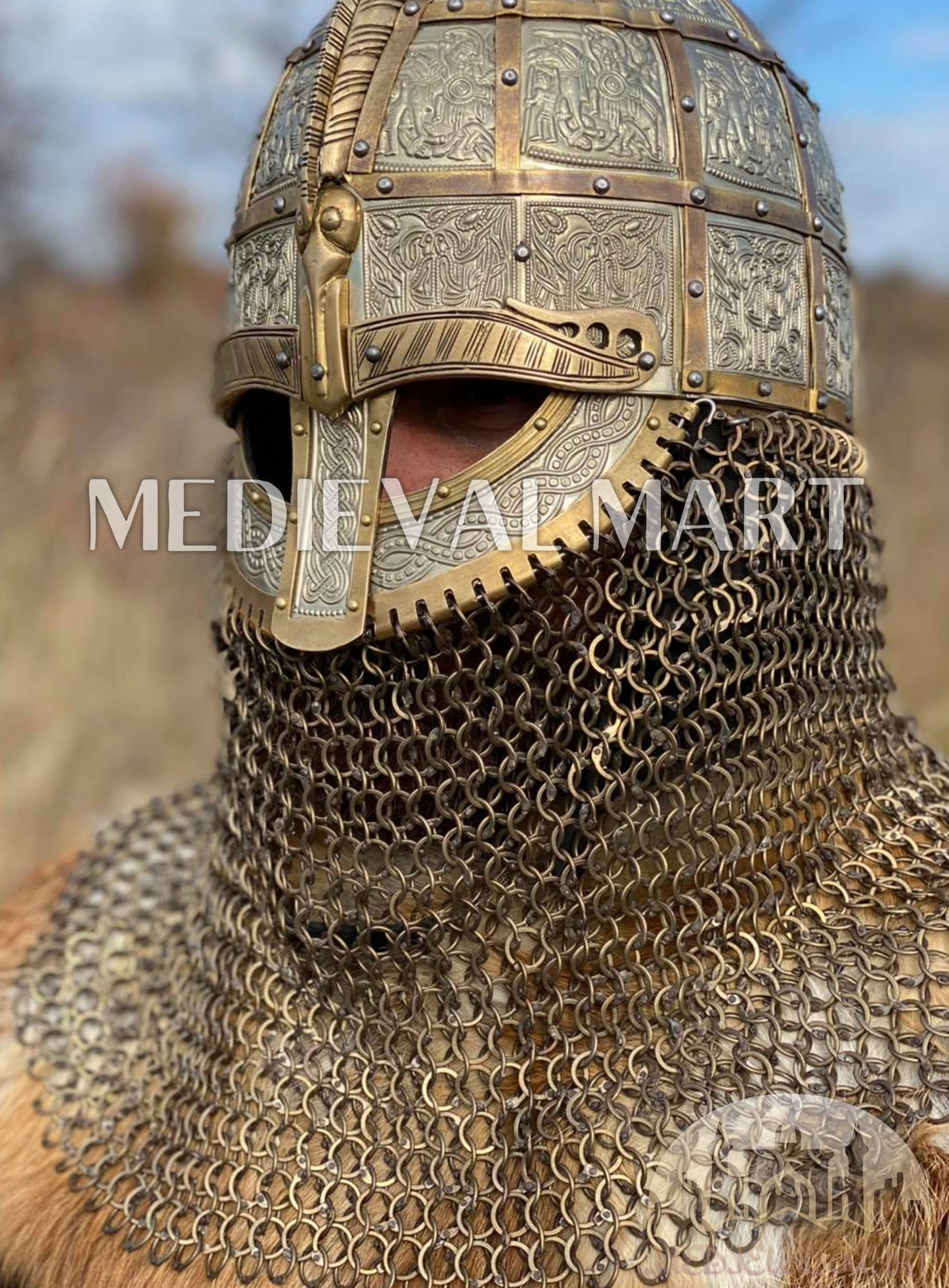 MEDIEVALMART Medieval Viking Vendel Period Broa Helmet with Brass Decoration & Titanium Chainmail