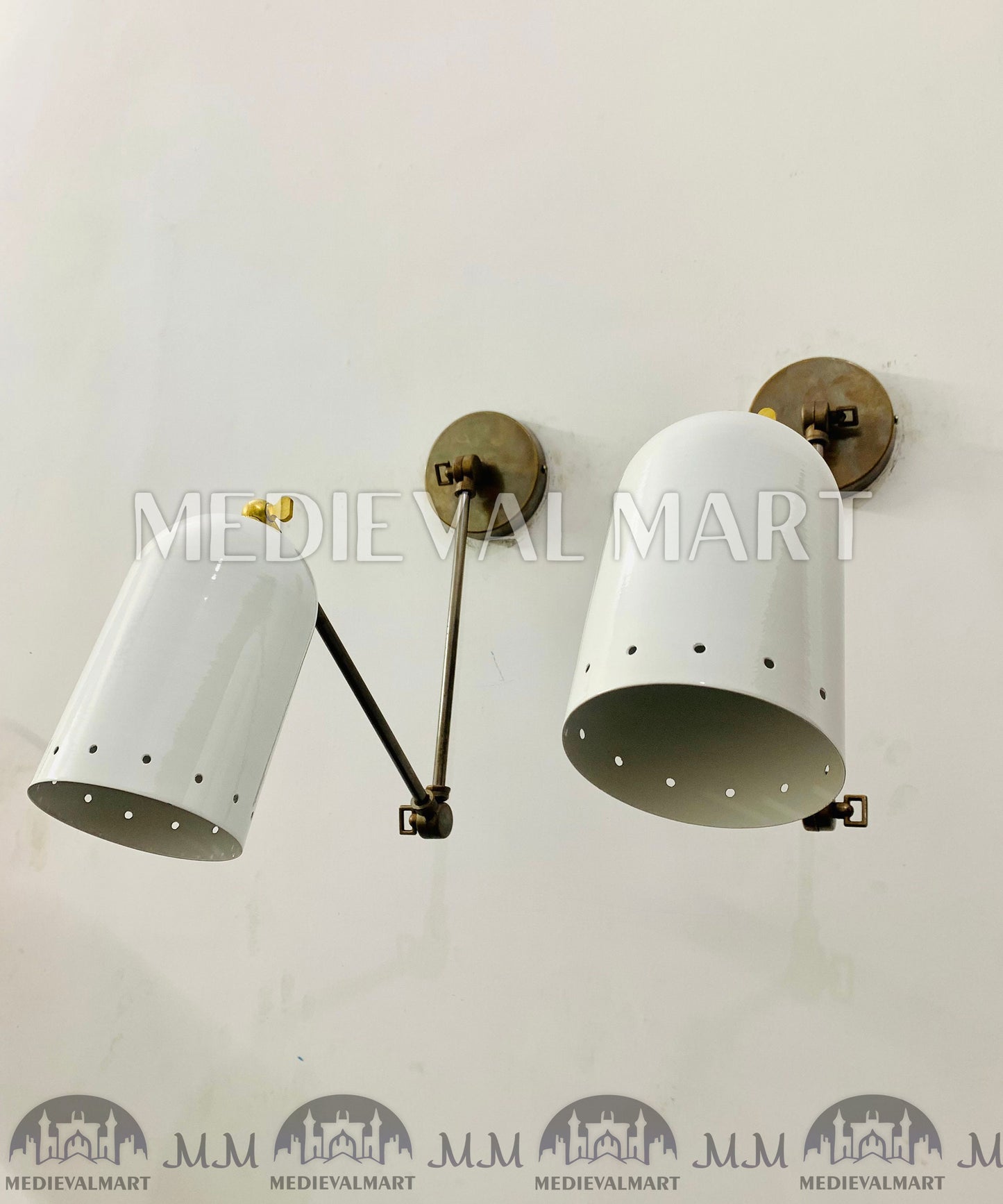 MEDIEVALMART Mid Century Italian Brass Diabolo Wall Sconce Pair - White 1950s Lighting