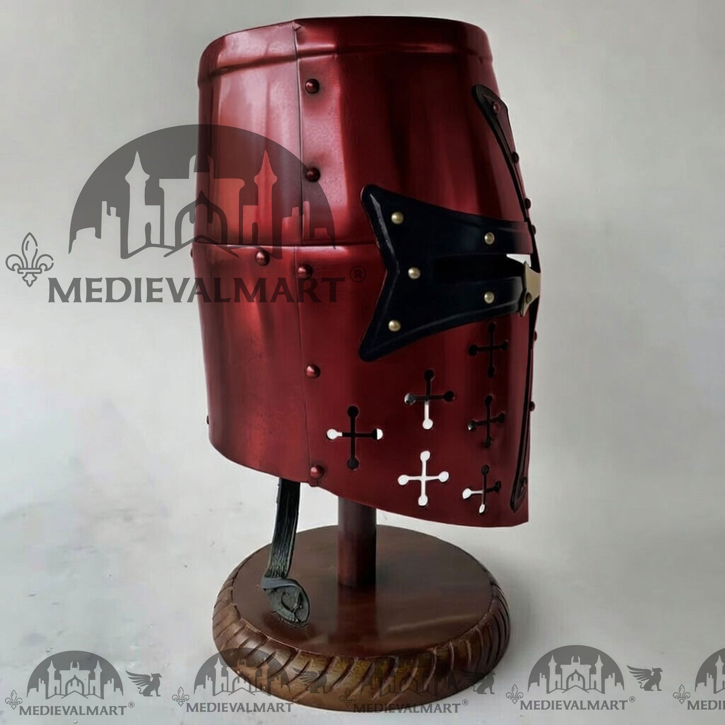 MEDIEVALMART Special Templar Crusader Knight Maroon Red Finish Helmet W/H Free Stand