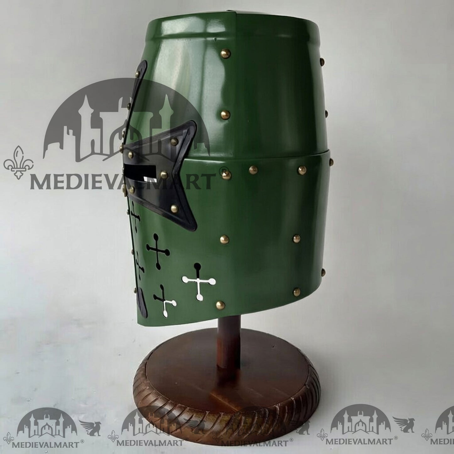 MEDIEVALMART Special Templar Crusader Knight Jade Green Finish Helmet W/H Free Stand