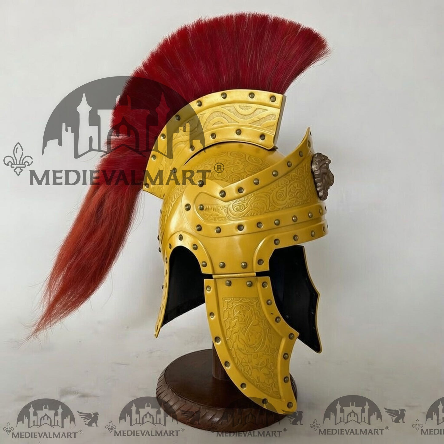 MEDIEVALMART Medieval Roman Centurion Yellow Finish Helmet with Red Plume or Free Wooden Stand