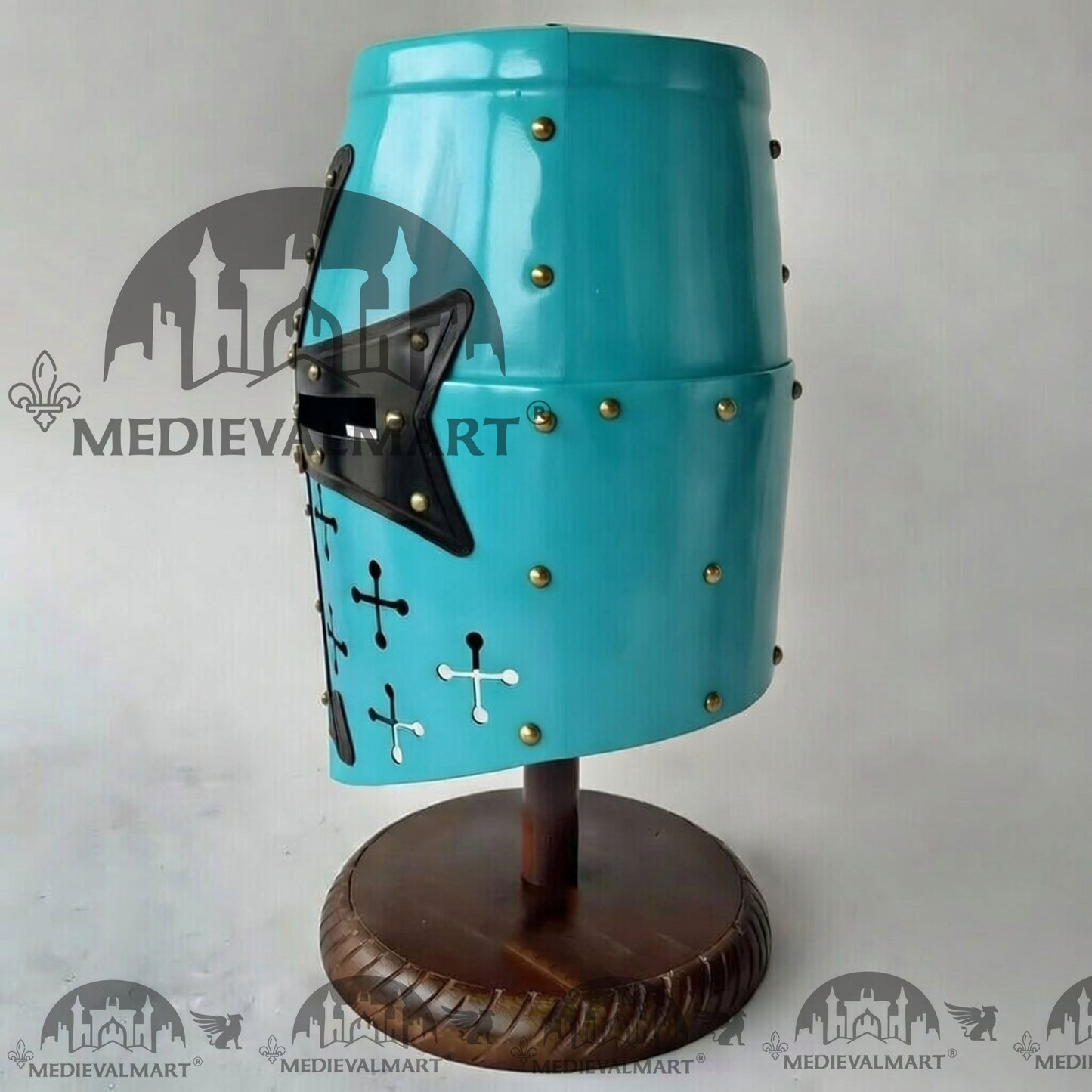 MEDIEVALMART Special Templar Crusader Knight Aqua Blue Finish Helmet W/H Free Stand