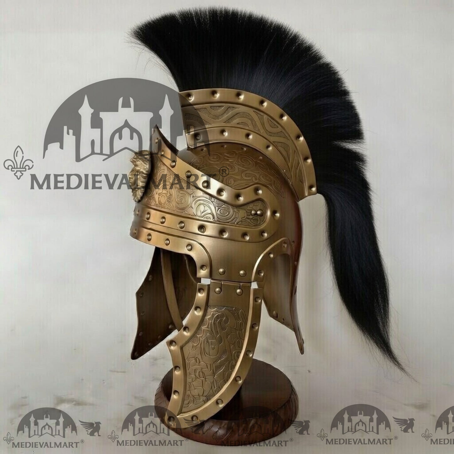 MEDIEVALMART Medieval Roman Centurion Gold Finish Helmet with Black Plume or Free Wooden Stand