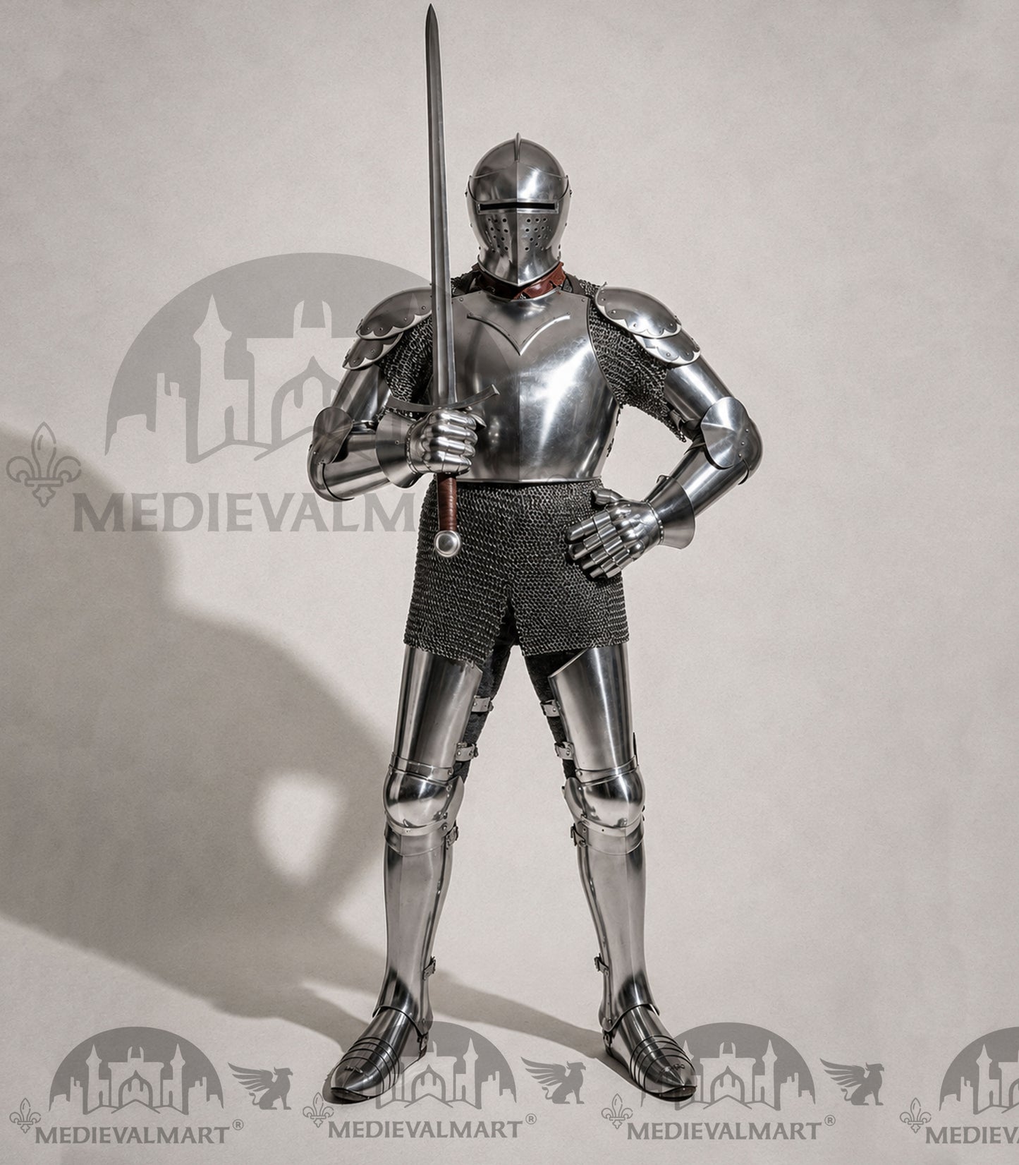 MEDIEVALMART Armure complète de combat authentique du XIVe siècle avec épée et cotte de mailles intérieure