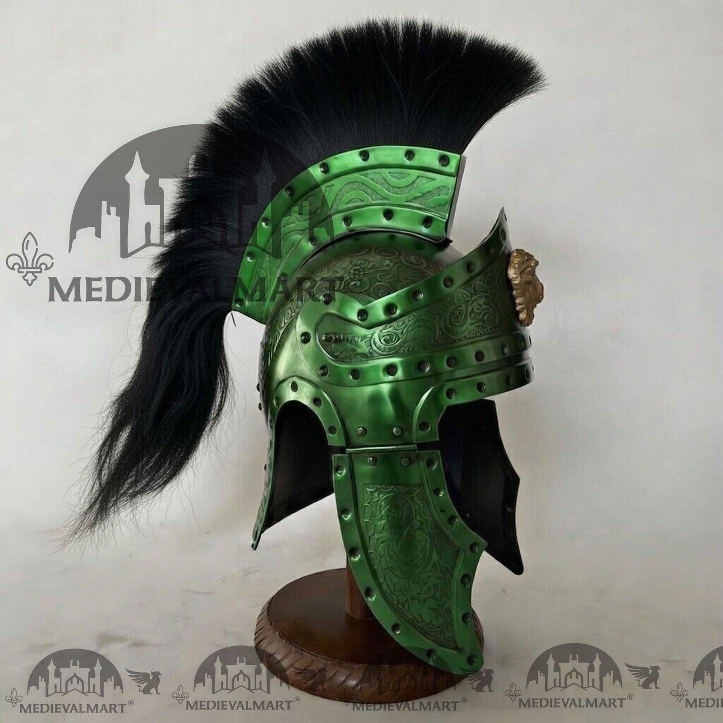 MEDIEVALMART Medieval Roman Centurion Green Finish Helmet with Black Plume or Free Wooden Stand