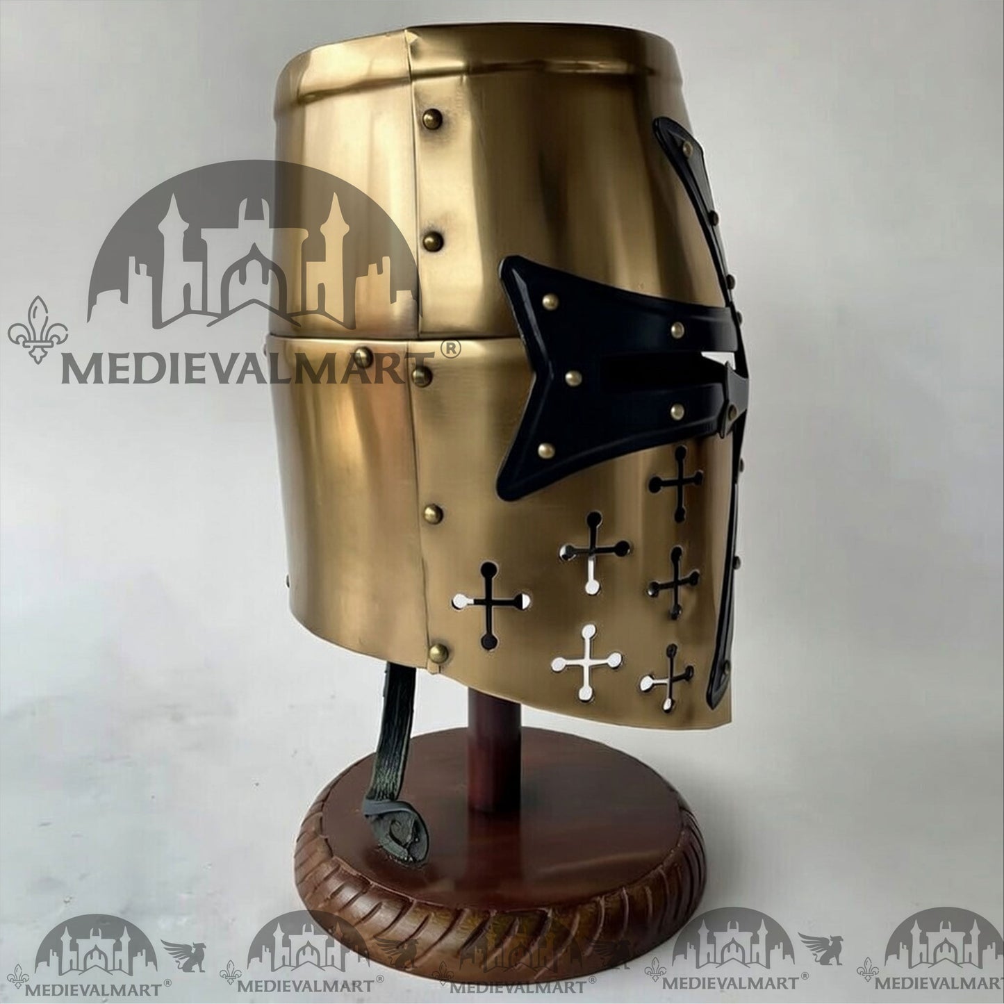 MEDIEVALMART Special Templar Crusader Knight Gold Finish Helmet W/H Free Stand