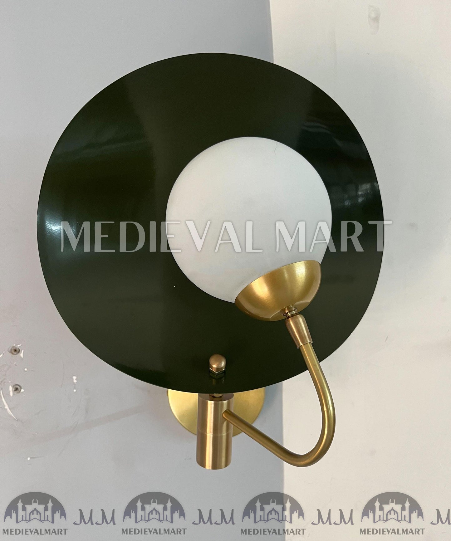 MEDIEVALMART Handmade Brass Wall Sconce: Mid-Century Modern Green Shade Lighting