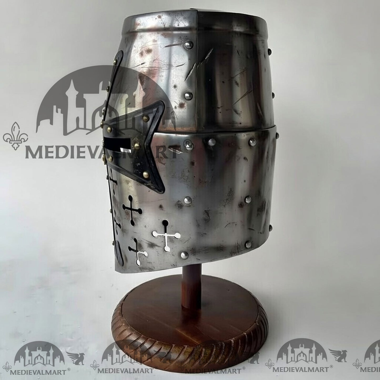 MEDIEVALMART Special Templar Crusader Knight Battle Damage Silver Finish Helmet W/H Free Stand