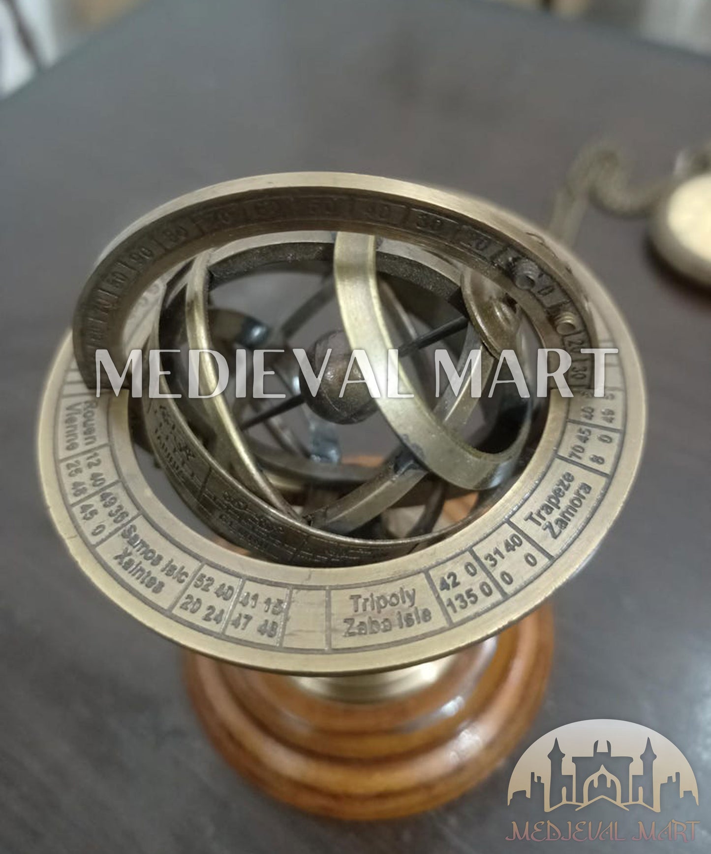 MEDIEVALMART Anitque Brass Armillary Sphere on Wooden Base: Nautical Home Decor Gift for Christmas