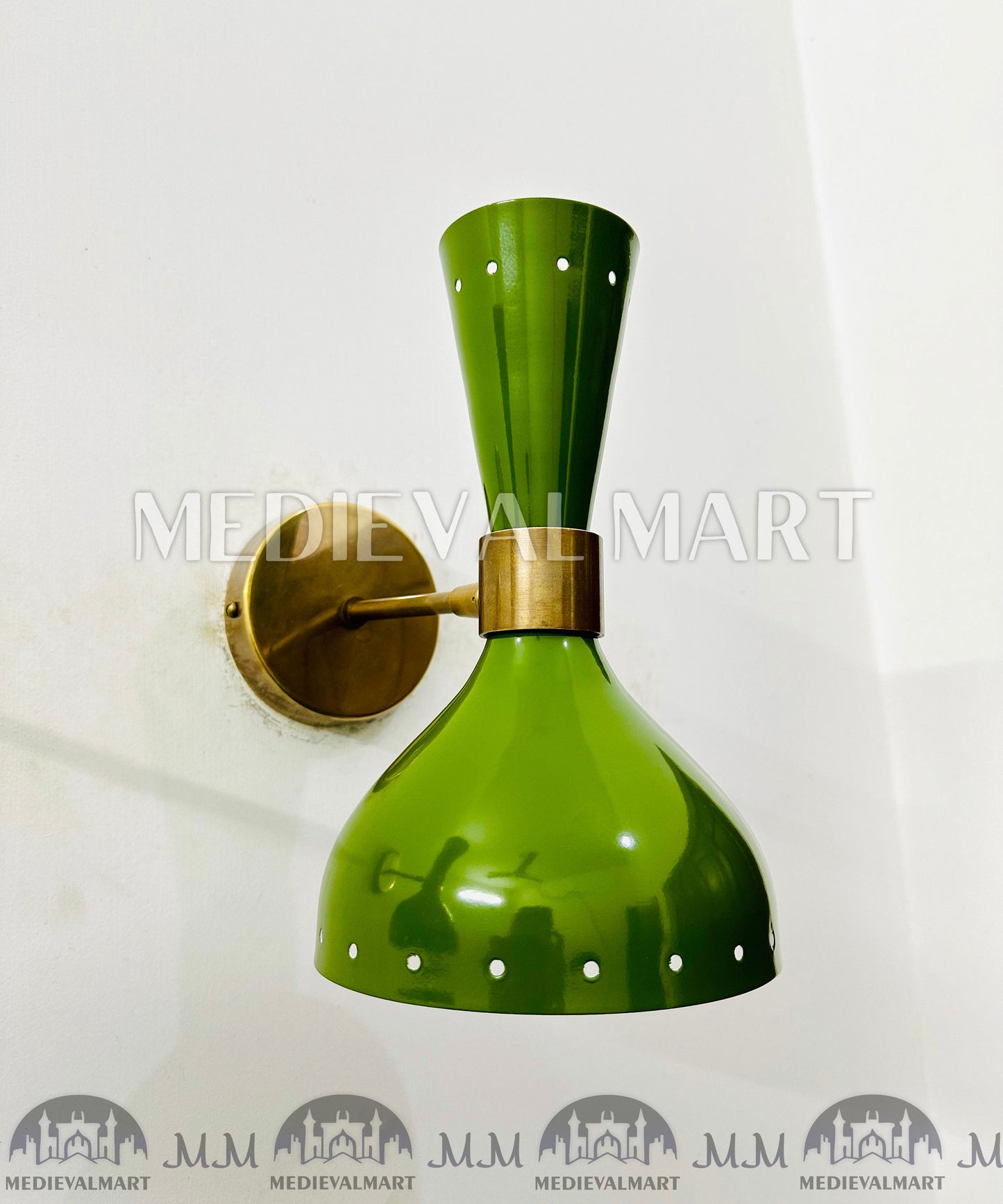 MEDIEVALMART 1950s Brass Mid Century Italian Diabolo Green Wall Scones Light