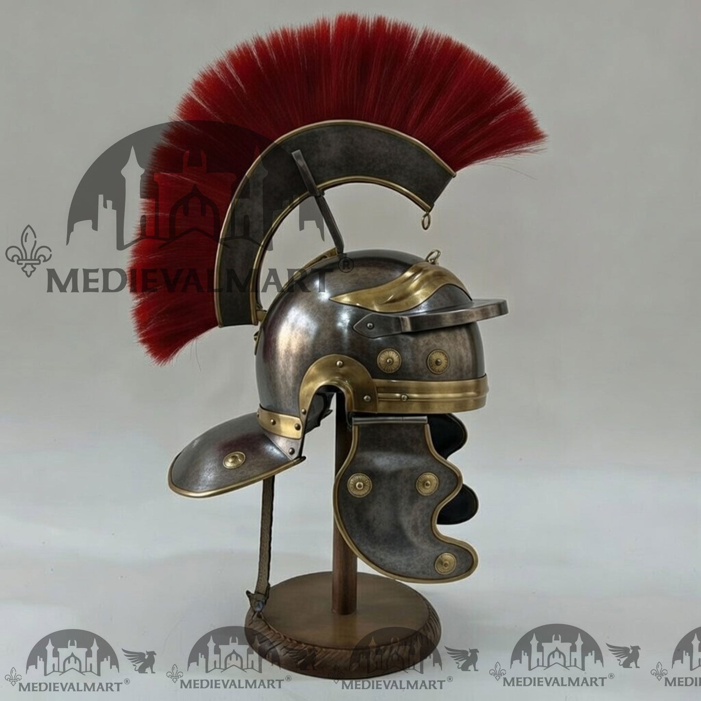 MEDIEVALMART Gallic Roman Centurion Antique Black Finish Helmet Replica Red Plume with Free Stand