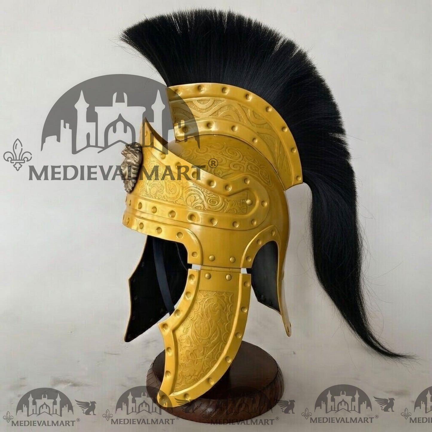 MEDIEVALMART Medieval Roman Centurion Yellow Finish Helmet with Black Plume or Free Wooden Stand