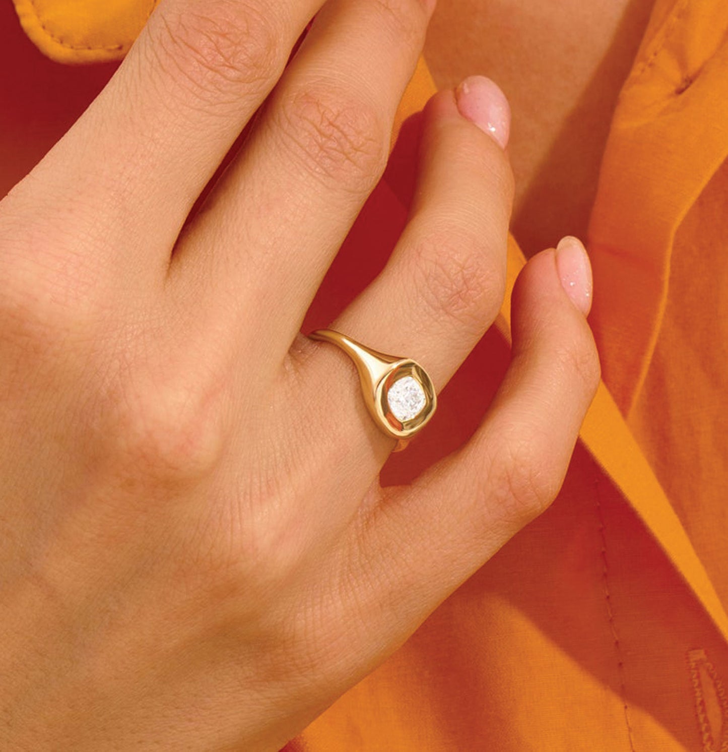 MADELYN MINIMALIST 14k Solid Gold Cushion Cut Bezel Set Signet Ring for Women | Gift for Her