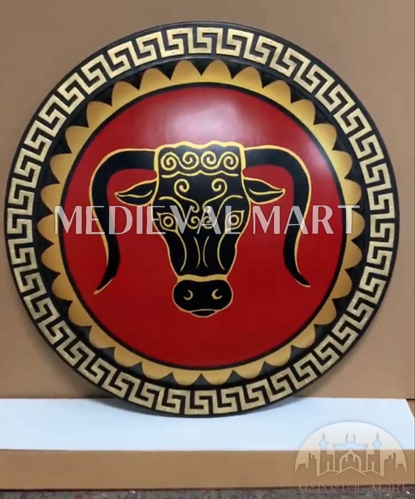 MEDIEVALMART Iconic Brazen Bull Ancient Greek Hoplite Battleworn Metal/Brass Shield | Gifts For Dad