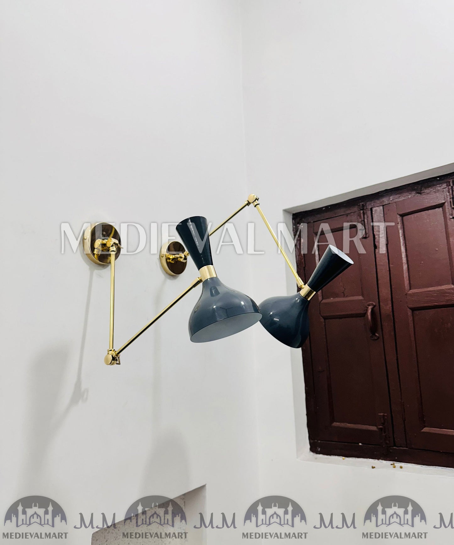 MEDIEVALMART Mid Century Brass Diabolo Wall Sconce Pair - Grey Italian Plug-in Lighting