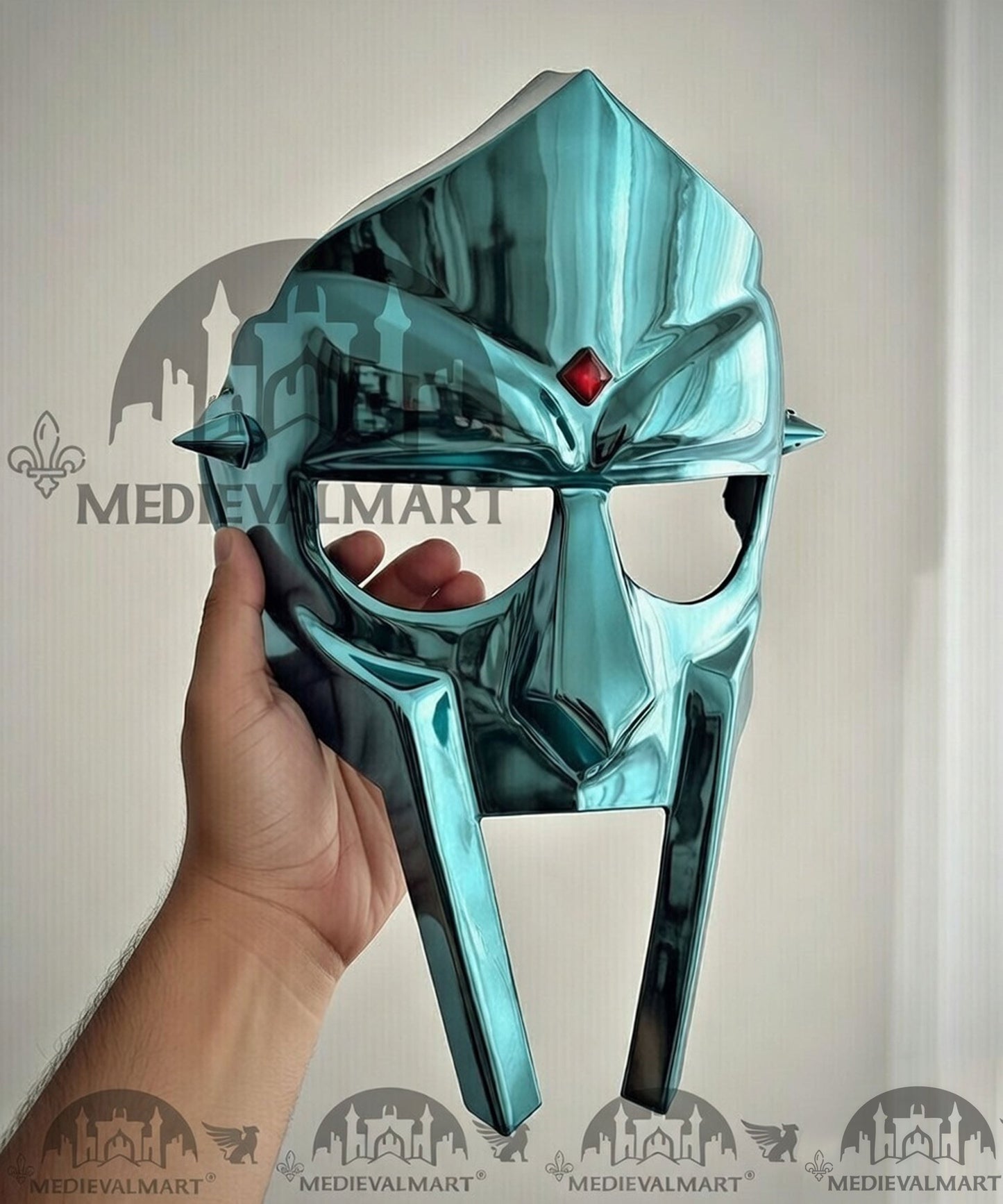 MEDIEVALMART PREMIUM MF DOOM Mask Mad Villain Aqua Blue Finish Steel Face Armor