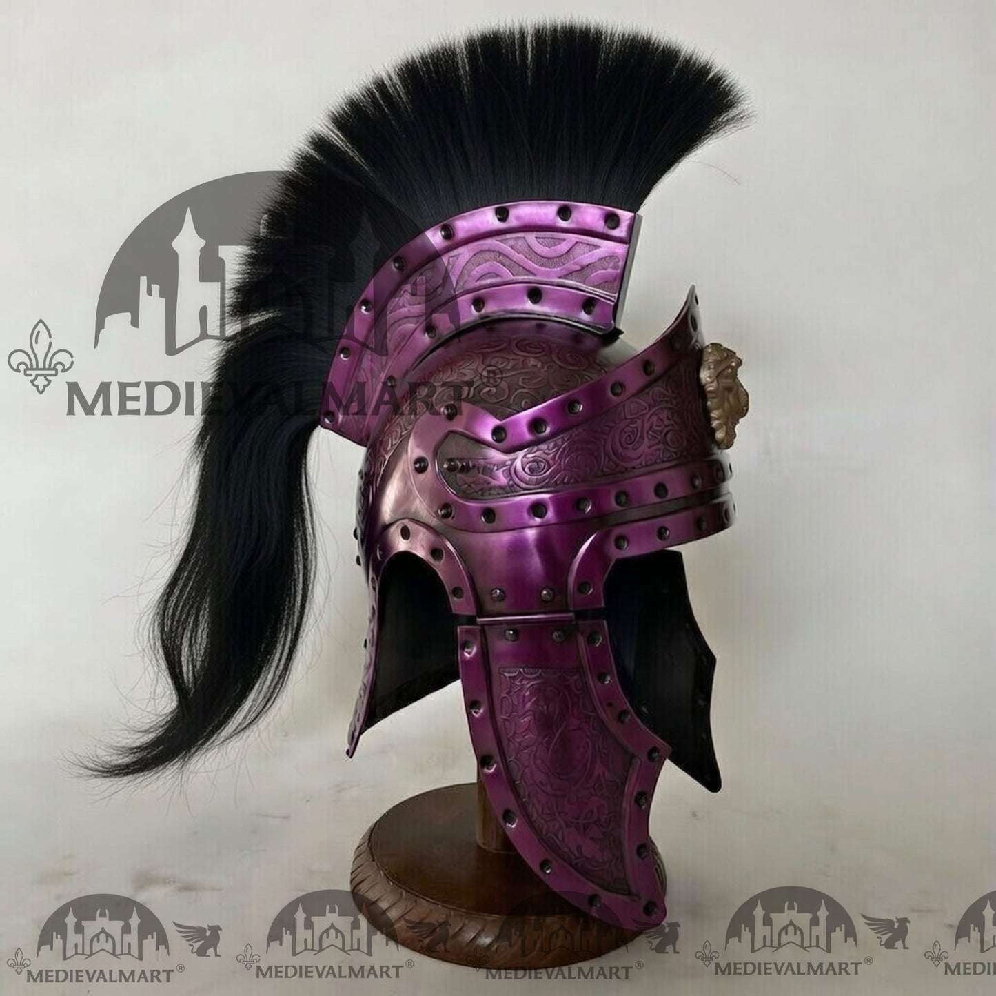 MEDIEVALMART Medieval Roman Centurion Purple Finish Helmet with Black Plume or Free Wooden Stand
