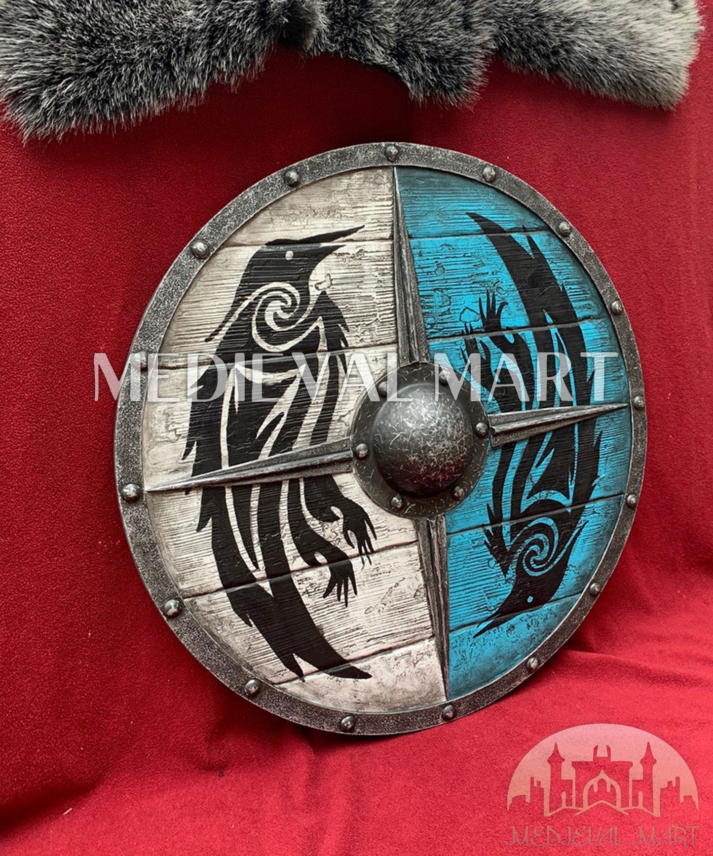 MEDIEVALMART Viking's Gray Ouroboros Iron Spikes Battleworn  Viking Wooden Shield | Gifts For Dad