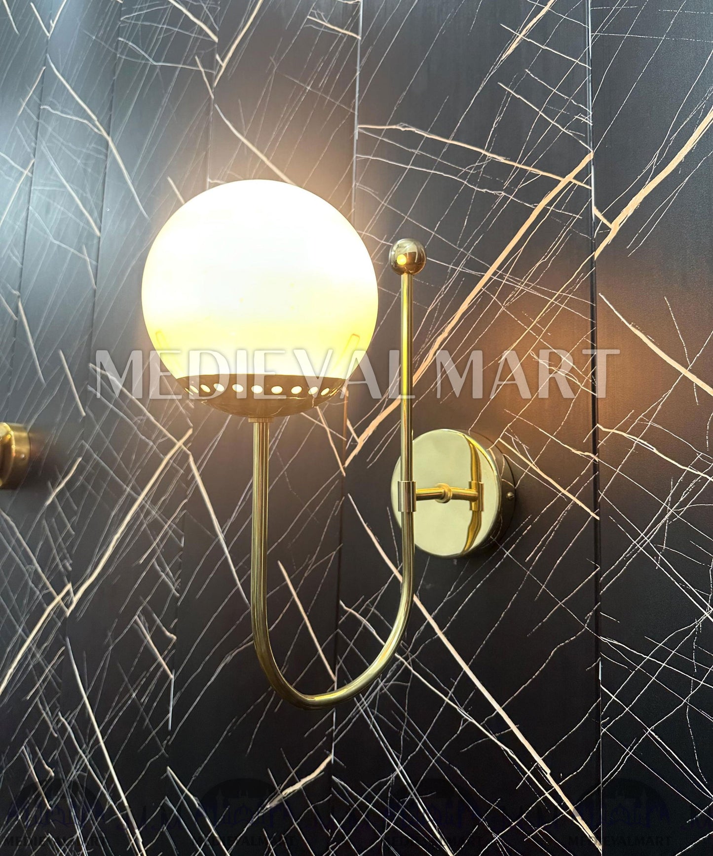 MEDIEVALMART Handcrafted Brass Milky Ball Wall Lamp - Modern Home Lighting