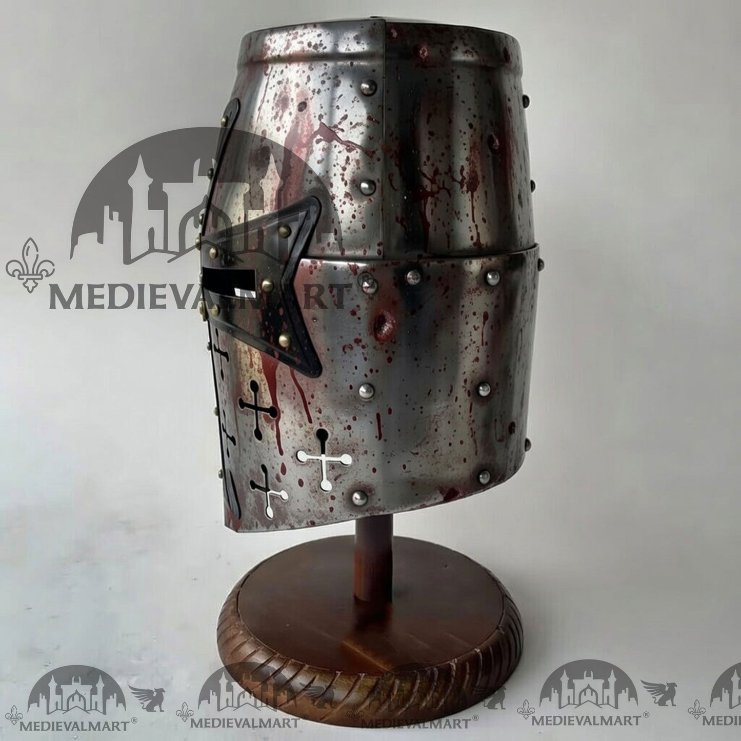 MEDIEVALMART Special Templar Crusader Knight Damage Silver W/H Blood Finish Helmet W/H Free Stand