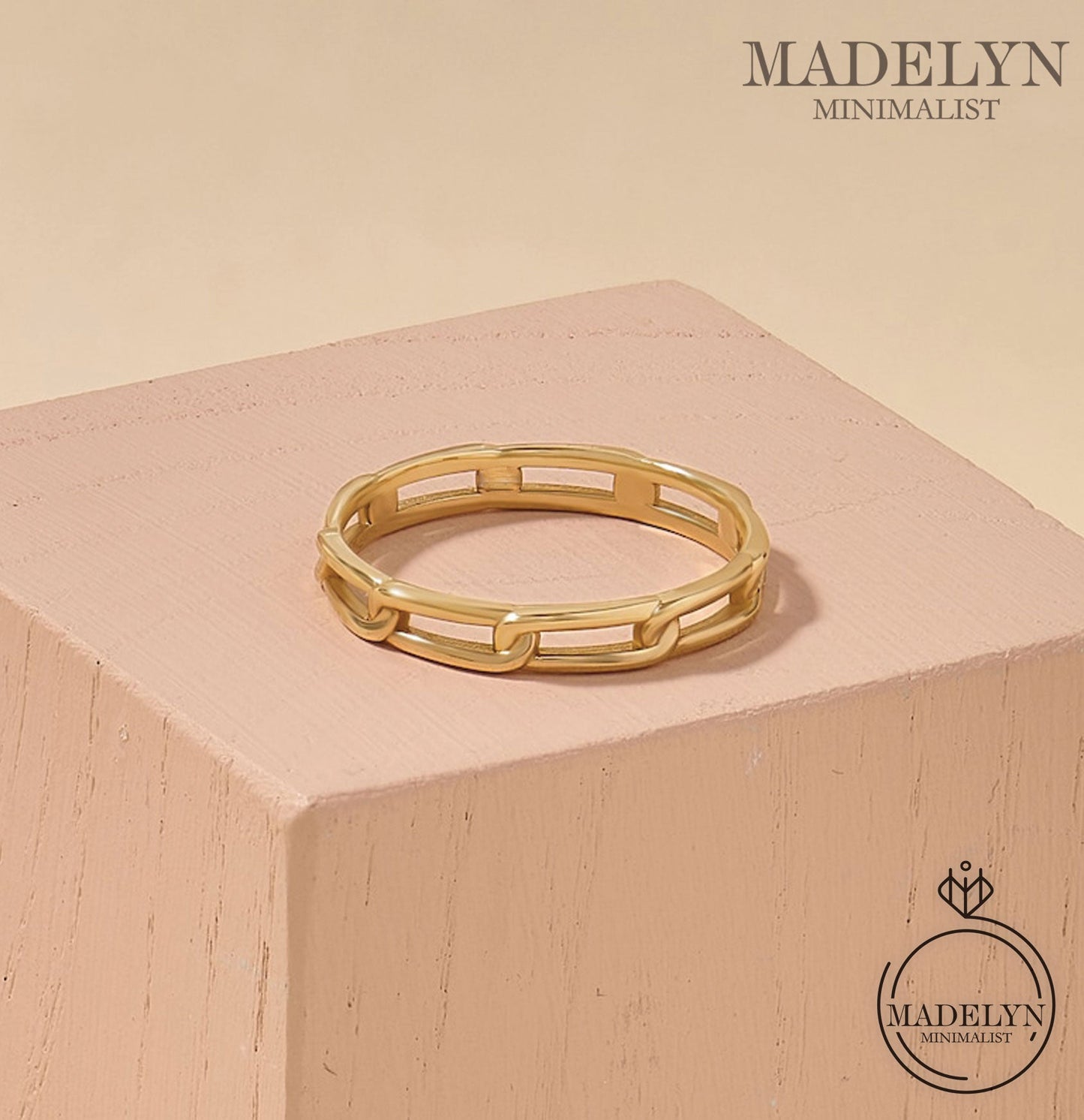 MADELYN MINIMALIST 14k Solid Gold Chained Wedding Band, Handmade Modern Simple Marriage Dainty Ring Women | Gift For Wife