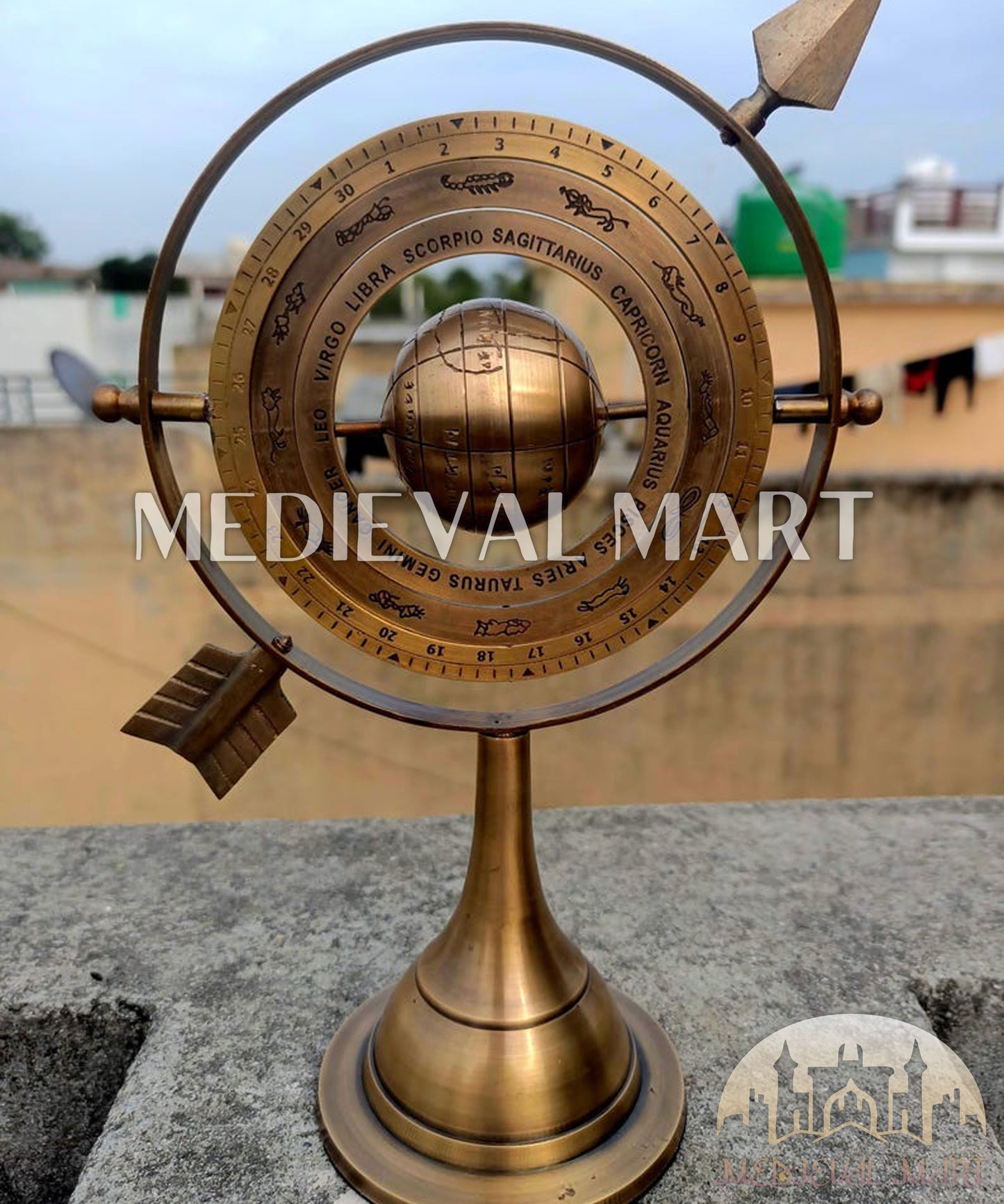 MEDIEVALMART Handmade Brass Armillary Sphere with Arrow: Nautical Astrolabe Globe Gift For Dad
