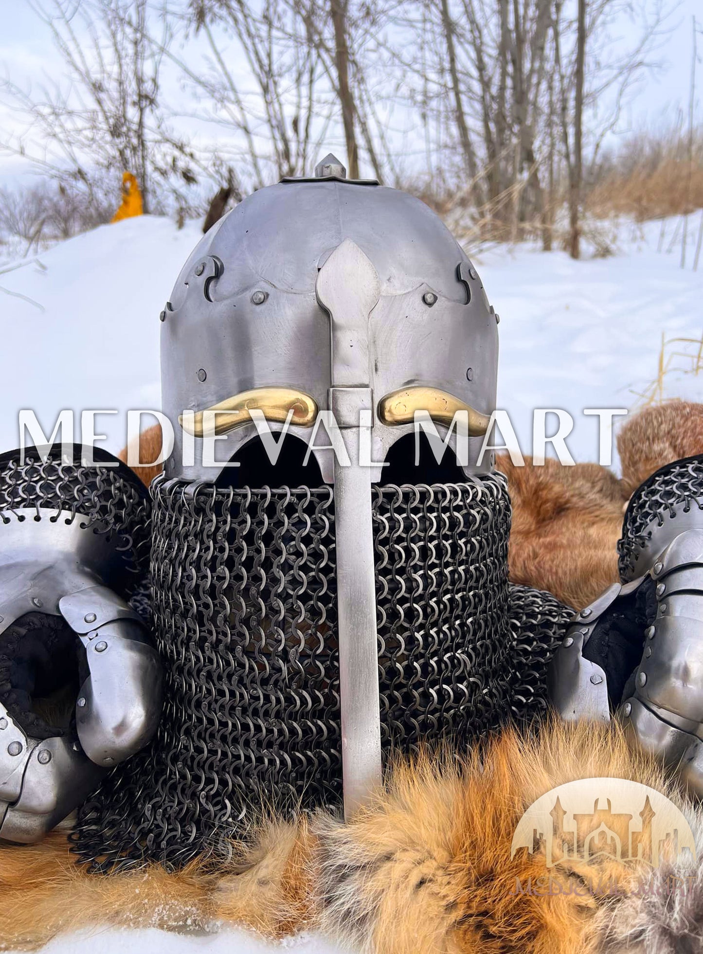 MEDIEVALMART 13th-Century Medieval Nasal Bascinet Chain Mail Helmet