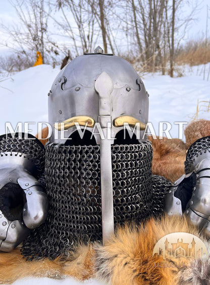 MEDIEVALMART 13th-Century Medieval Nasal Bascinet Chain Mail Helmet