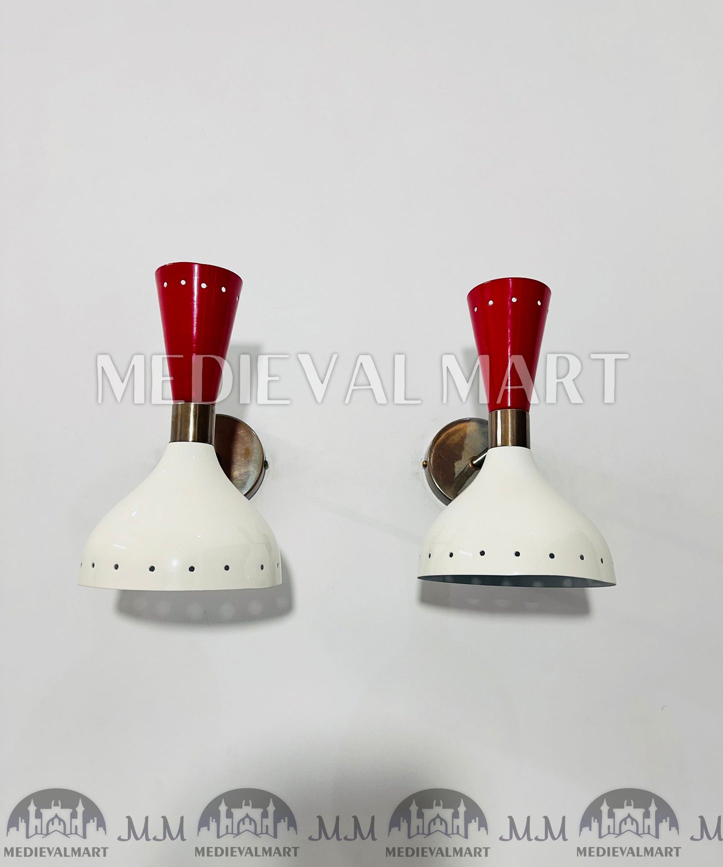 MEDIEVALMART Mid Century Brass Wall Sconce Pair: Italian Stilnovo Red & White Lamp