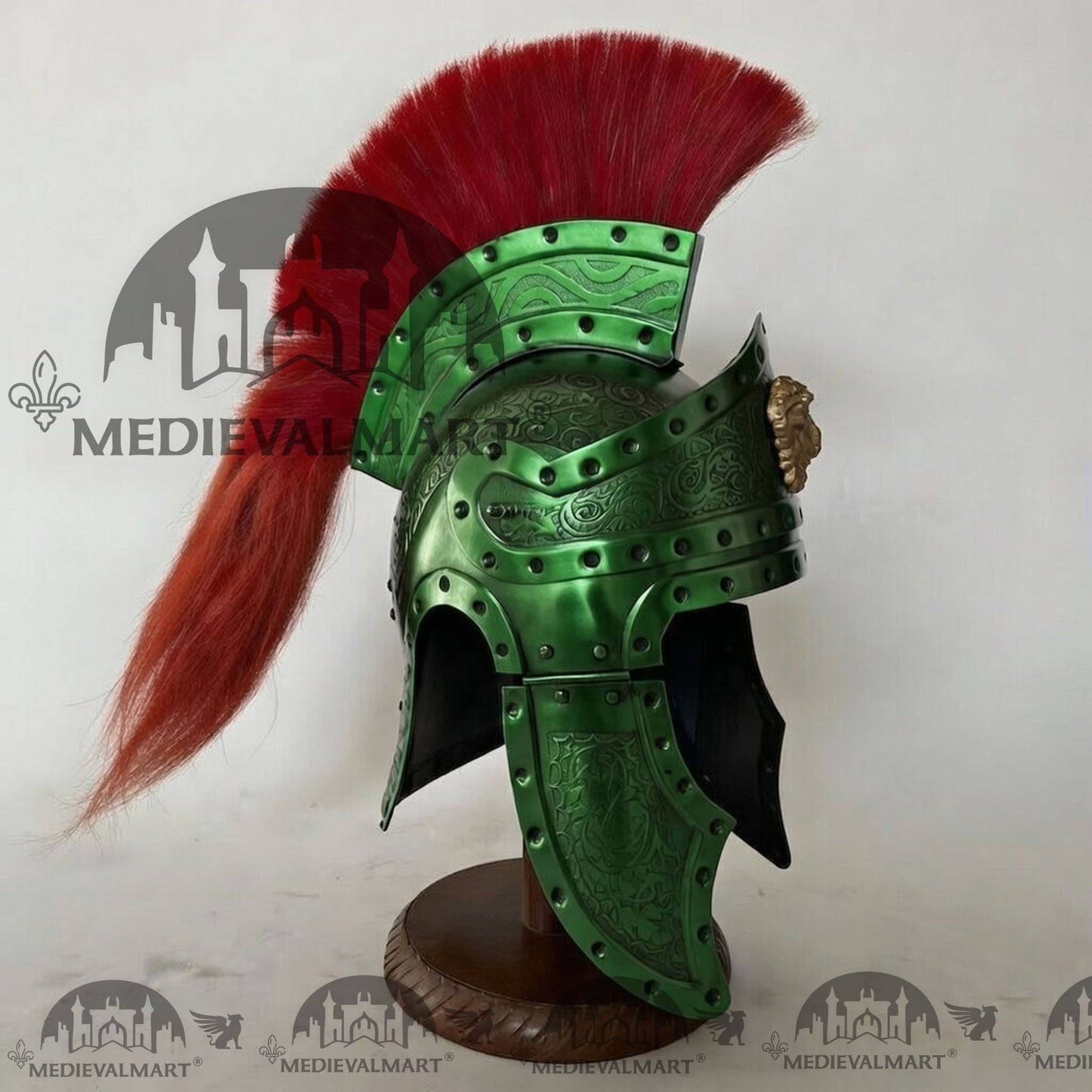 MEDIEVALMART Medieval Roman Centurion Green Finish Helmet with Red Plume or Free Wooden Stand
