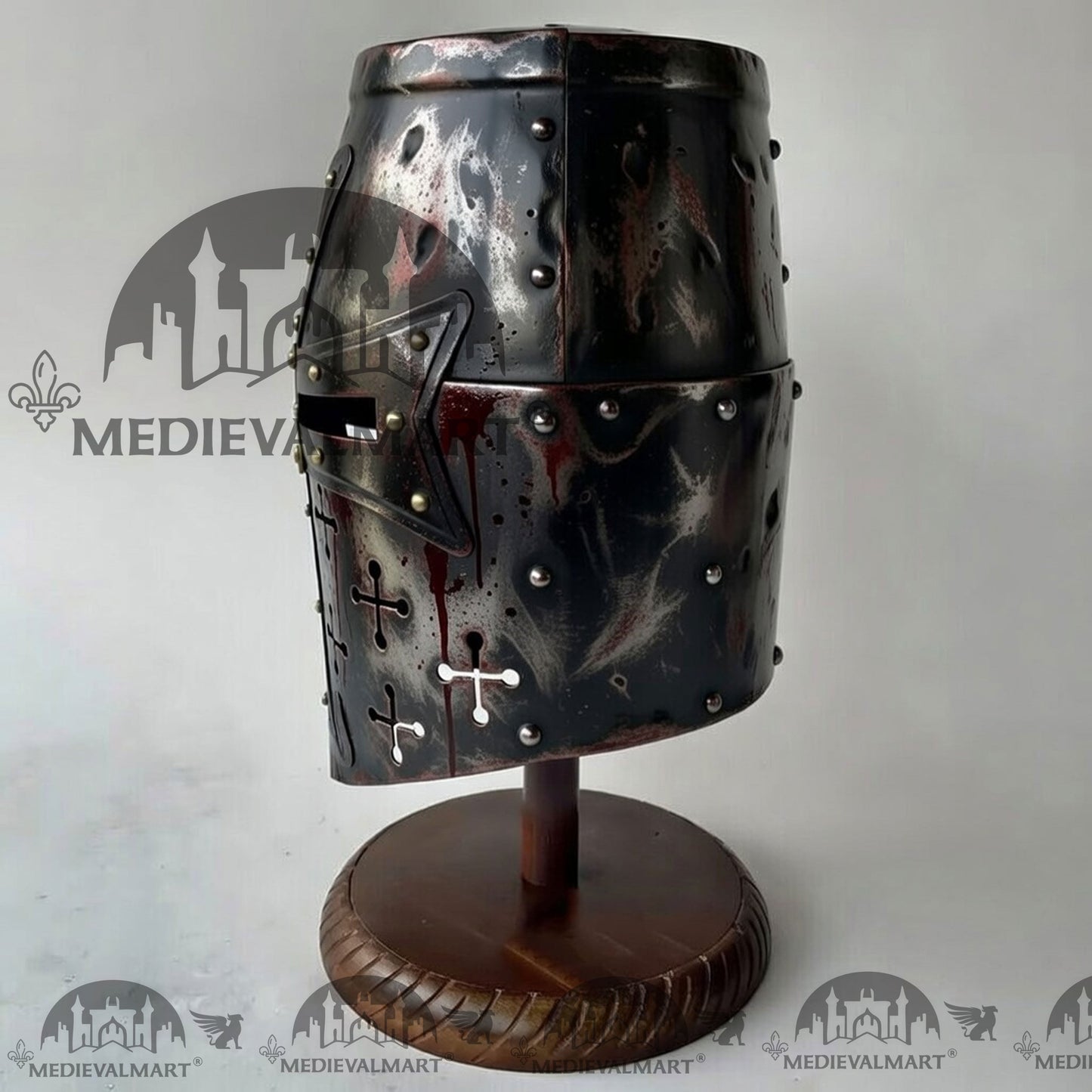 MEDIEVALMART Special Templar Crusader Knight Damage Black W/H Blood Finish Helmet W/H Free Stand