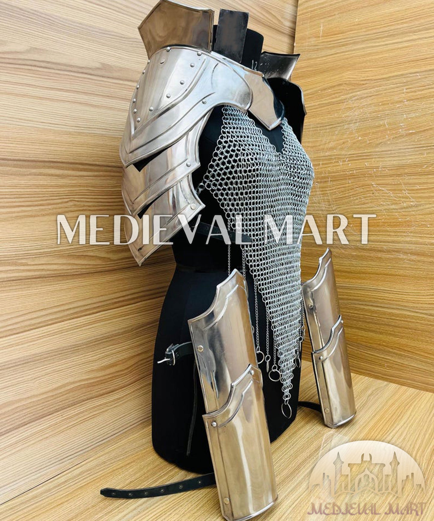 MEDIEVALMART (Isolara Dragonplate) Women’s Armor W/H Silver (DragonFang) Chainmail + Arms Armor