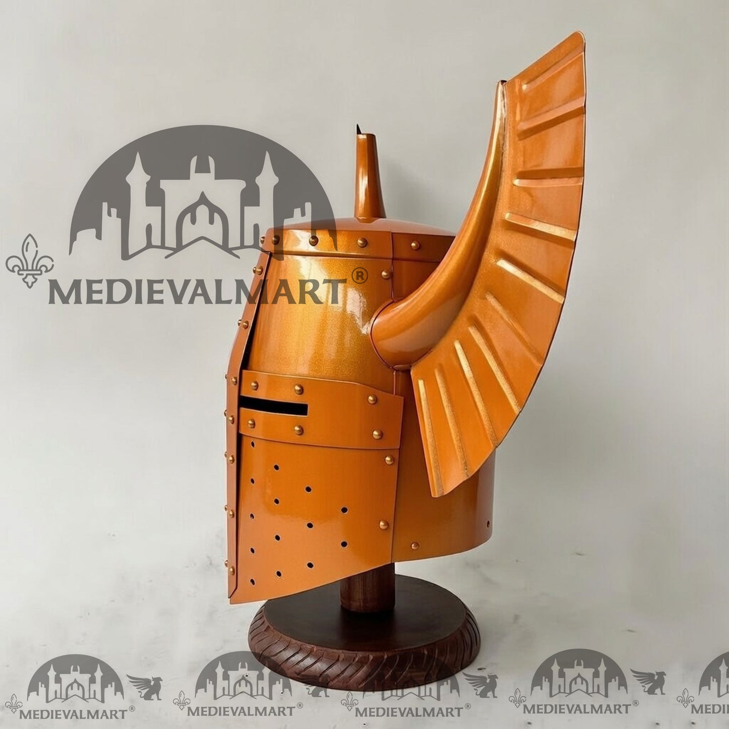 MEDIEVALMART Medieval Templar Warrior Teutonic Orange Finish Wing Helmet with Free Stand
