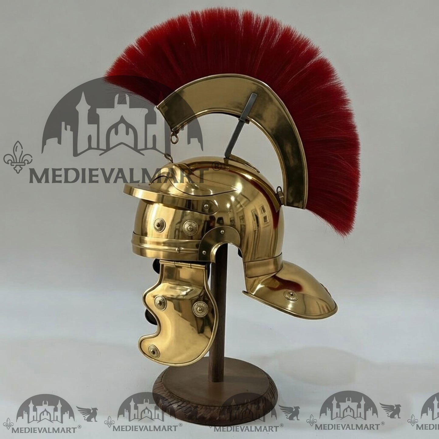 MEDIEVALMART Gallic Roman Centurion Gold Finish Helmet Replica Red Plume with Free Stand