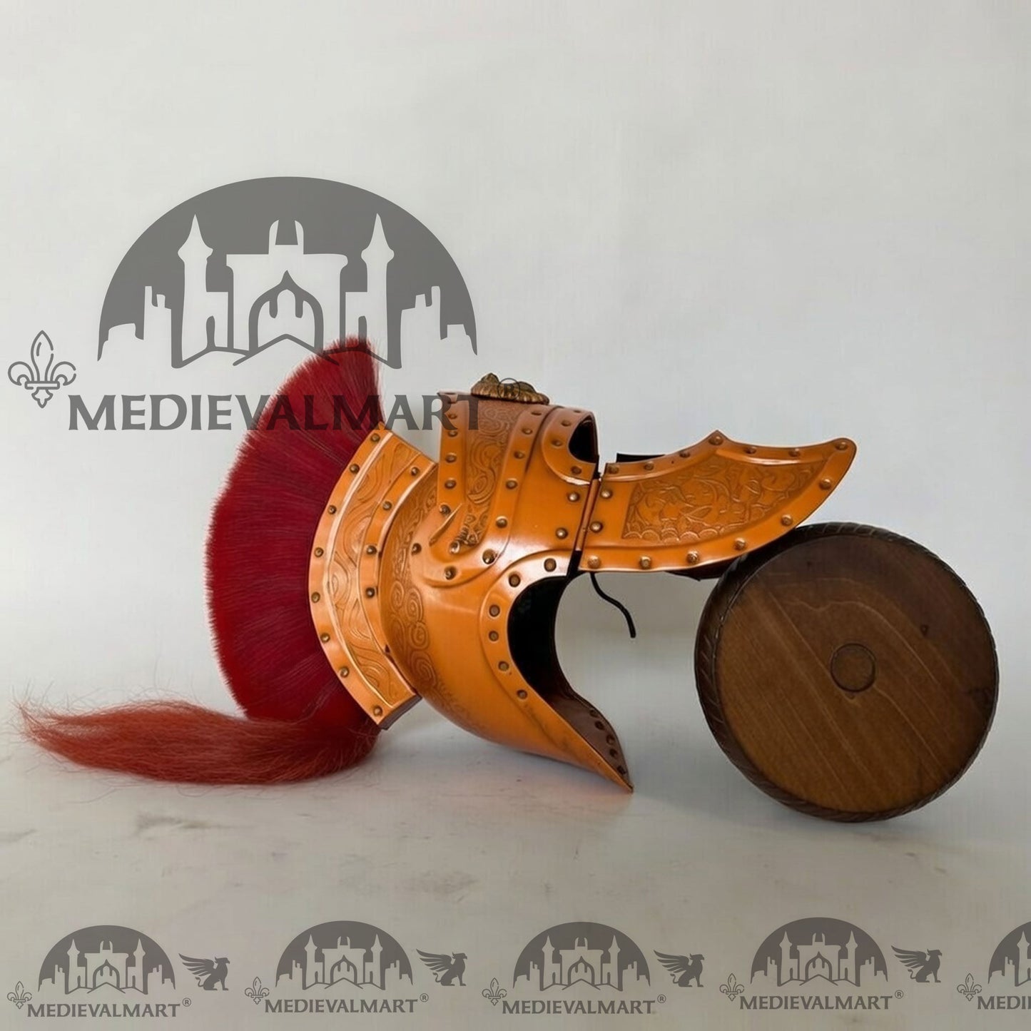 MEDIEVALMART Medieval Roman Centurion Orange Finish Helmet with Red Plume or Free Wooden Stand