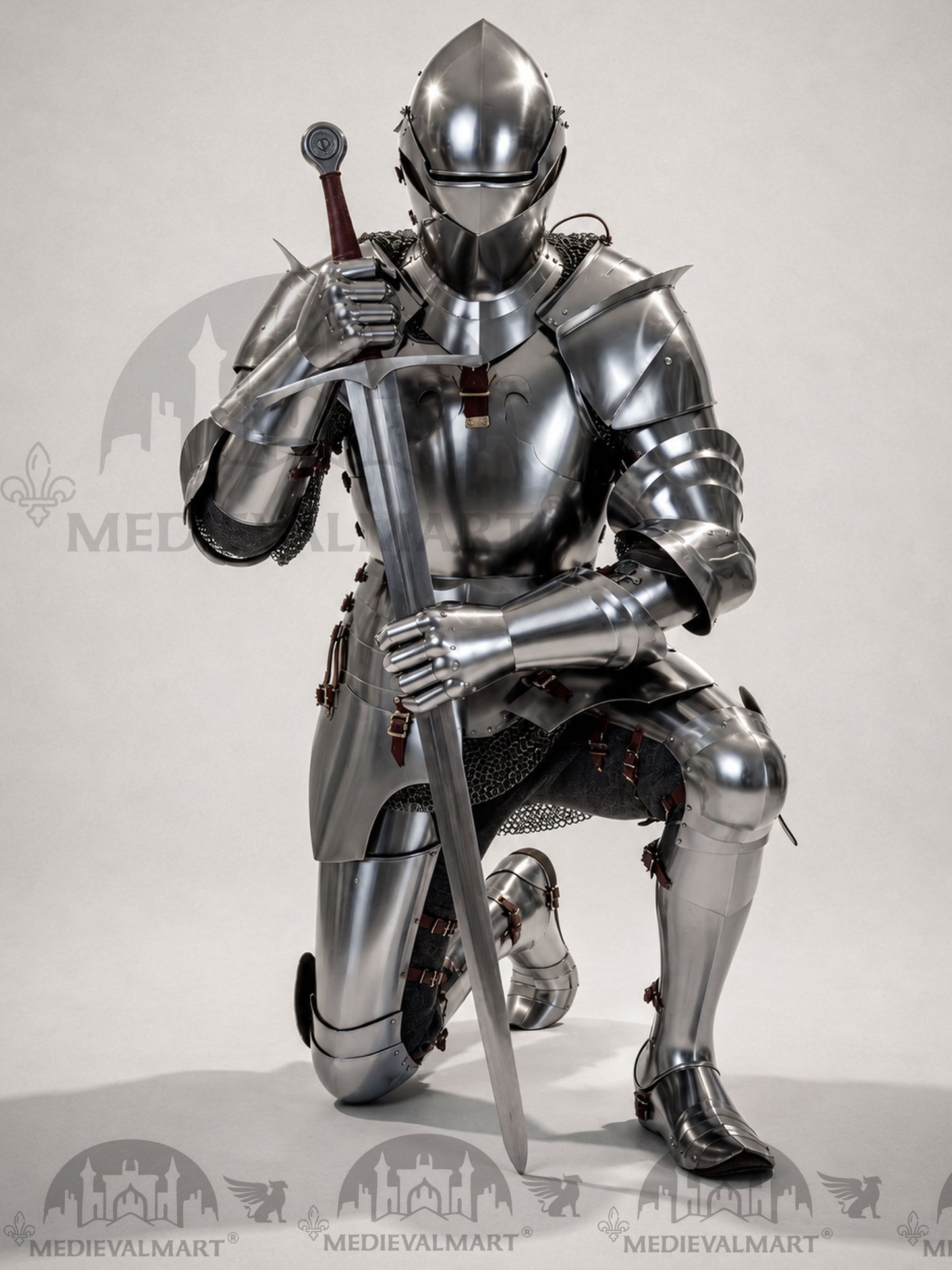 MEDIEVALMART 14th-Cen European English Hardend Steel Plate Armor Buff Polish W/H Houndskull Closed Bascinet