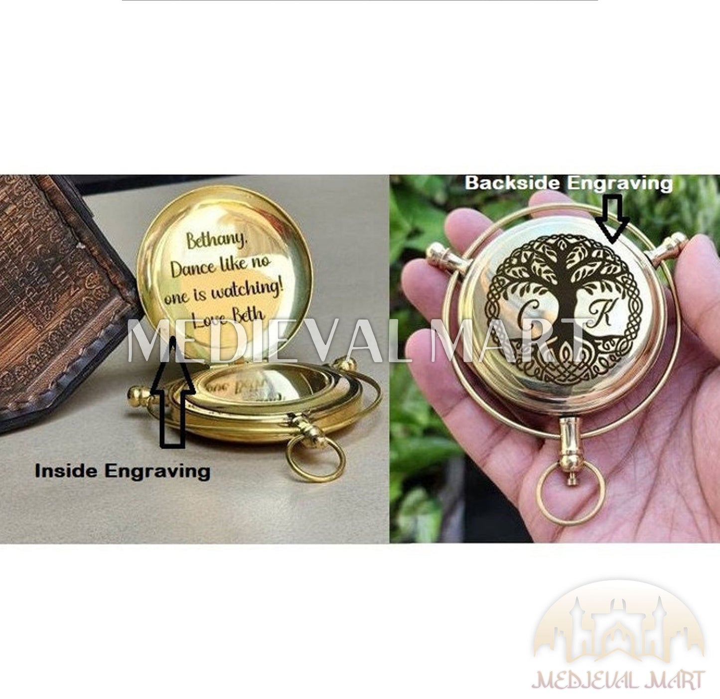 MEDIEVALMART Alethiometer Inspired Engraved Brass Pocket Compass Gold Finish W/H Leather Case | Gift For Mom, Dad