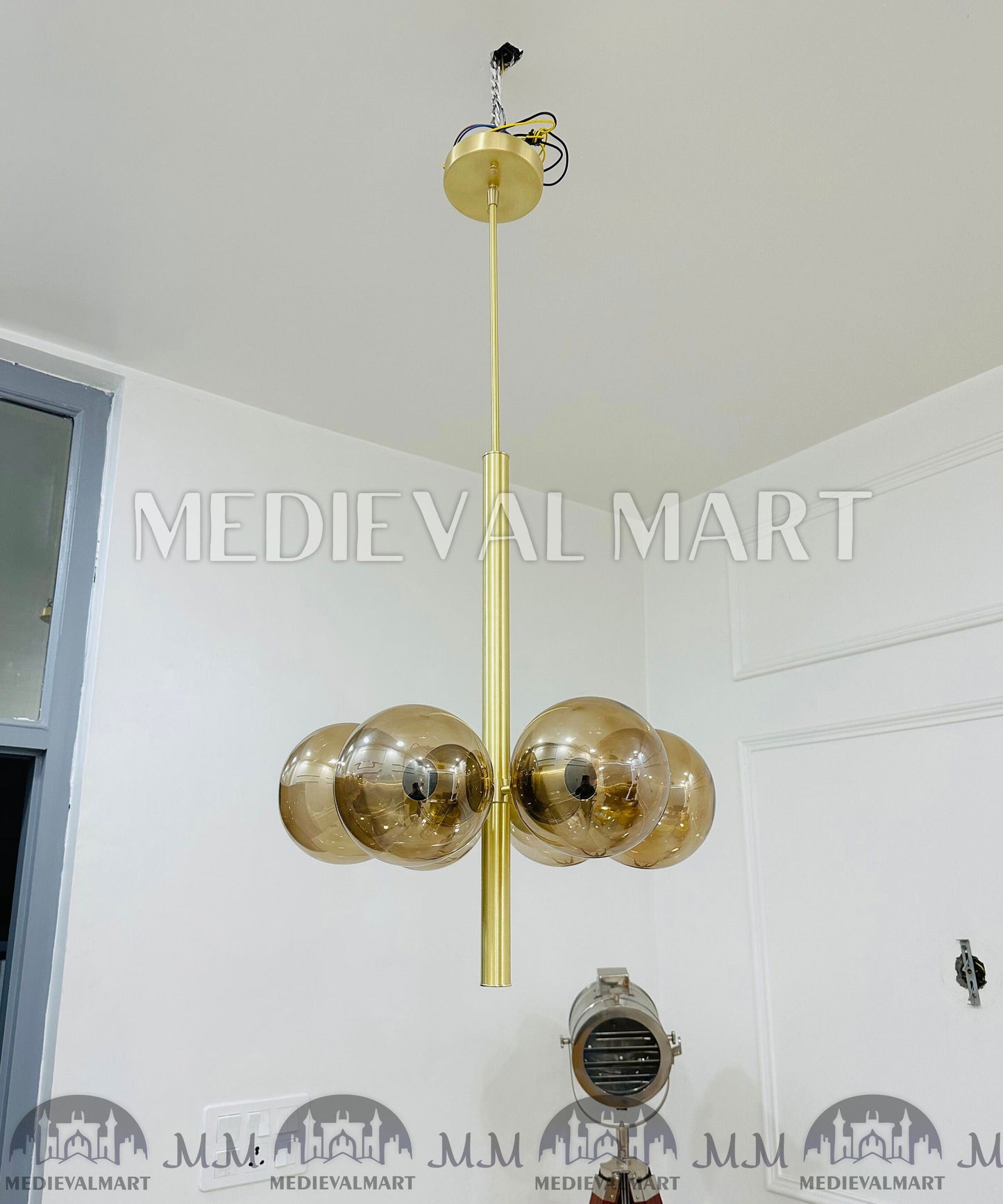 MEDIEVALMART Handmade Brass 6-Arm Glass Ball Chandelier Mid-Century Modern Light