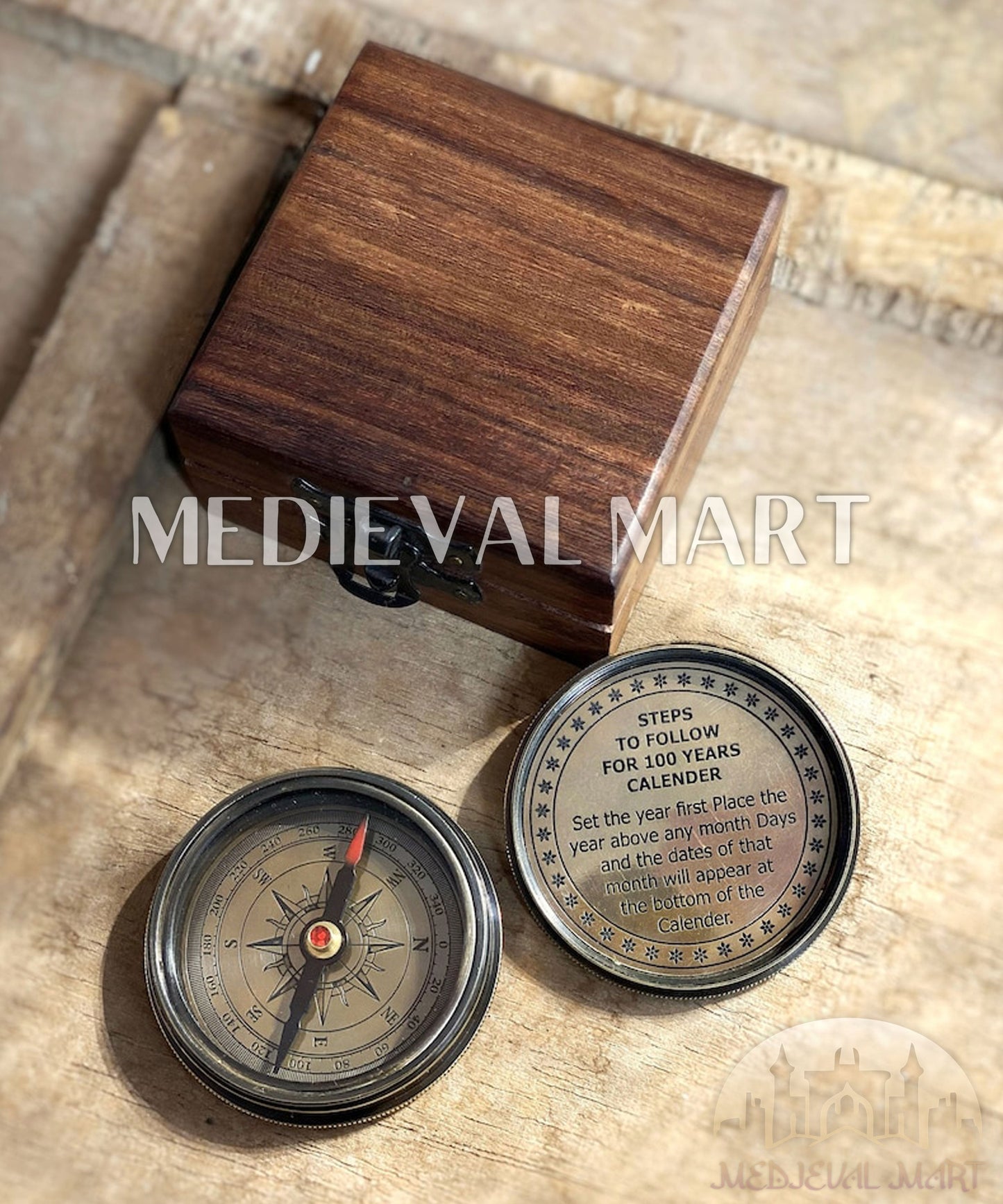 MEDIEVALMART Antique Finish “100 Years Calendar” Engraved Compass W/H “VintageVault” Case | Gift For Dad, Gift For Mom