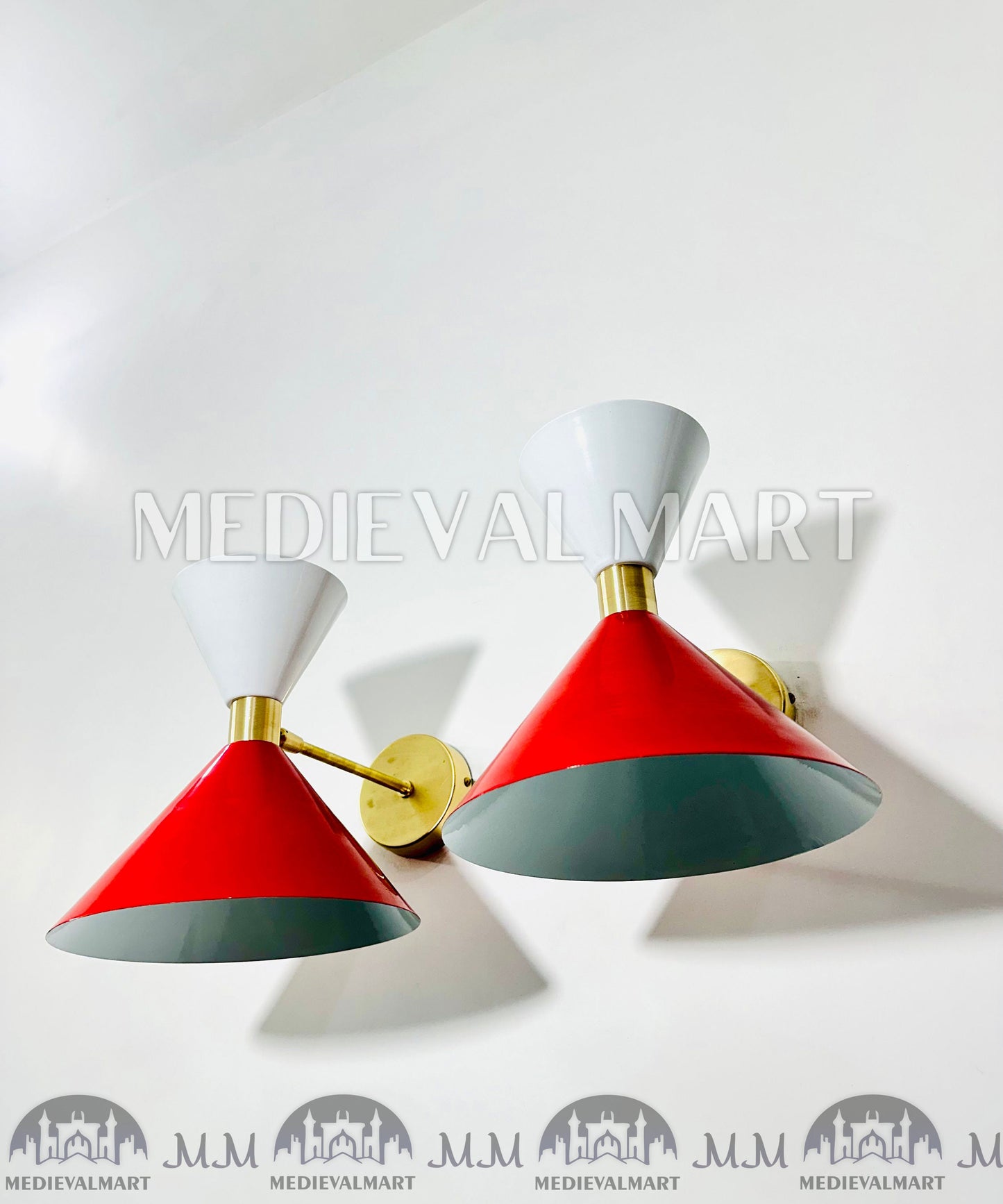 MEDIEVALMART 1950s Mid Century Italian Diabolo Wall Sconce Pair: Red & White Lighting Decor