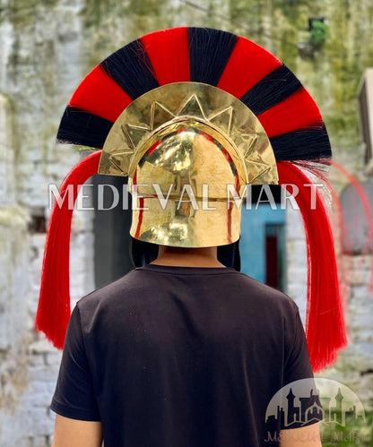 MEDIEVALMART "7th Cen BCE" Greek Corinthian Gold Finish Full Size Royal Helmet W/H Plume or Free Stand | Greek Props