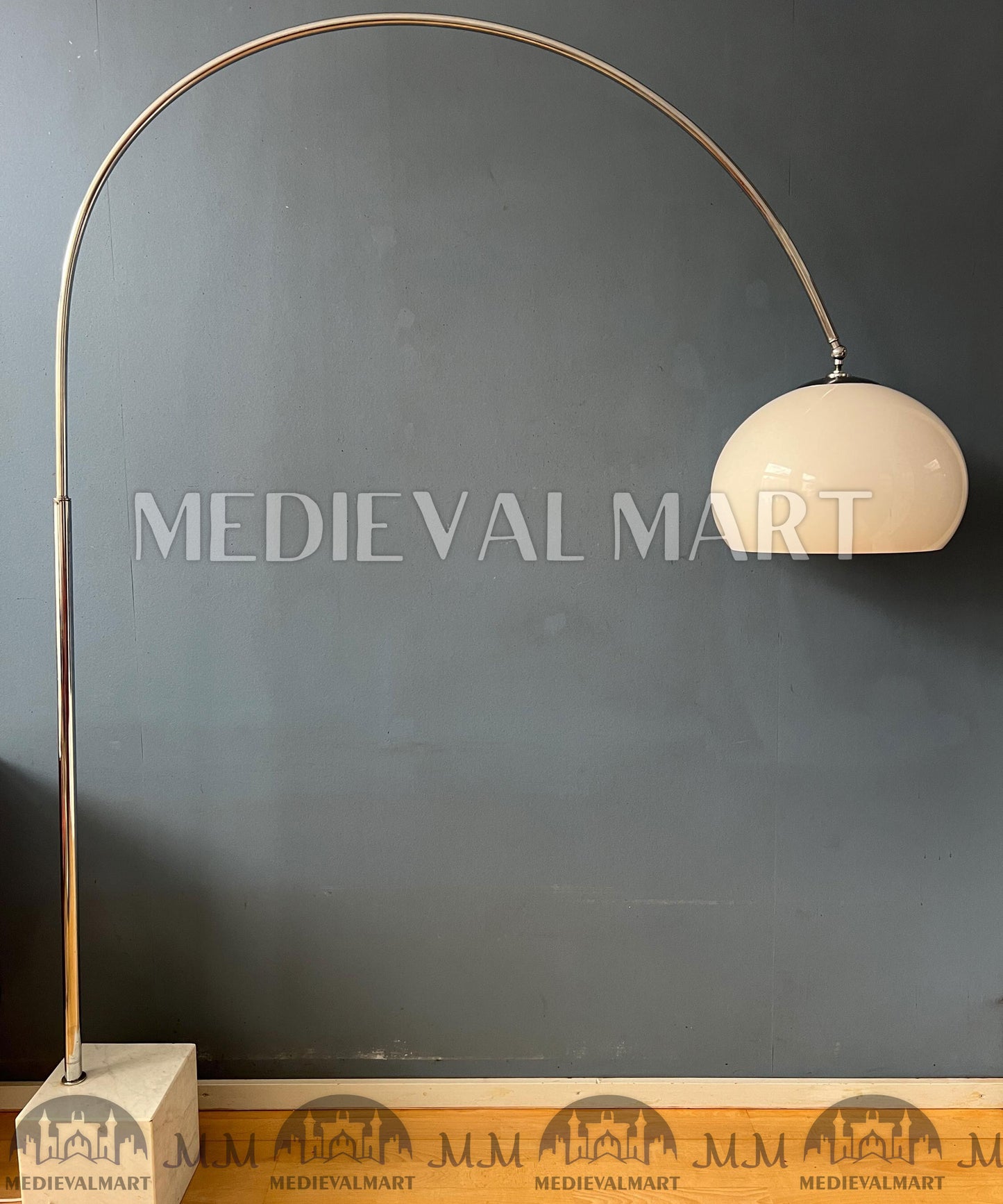 MEDIEVALMART Vintage Guzzini Space Age Arc Floor Lamp with White Mushroom Shade and Marble Base