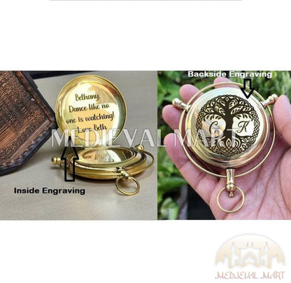 MEDIEVALMART Alethiometer Inspired Engraved Brass Pocket Compass Gold Finish W/H Leather Case | Gift For Mom, Dad