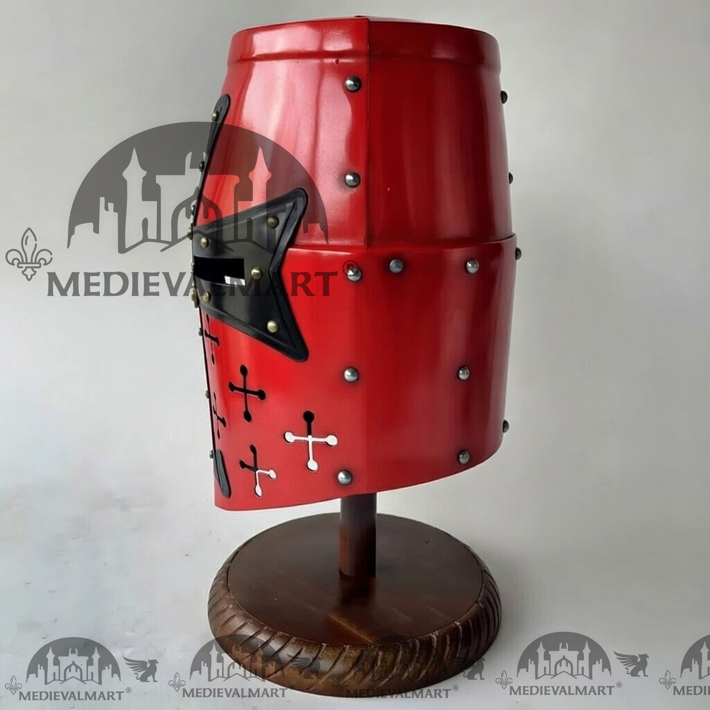 MEDIEVALMART Special Templar Crusader Knight Red Finish Helmet W/H Free Stand