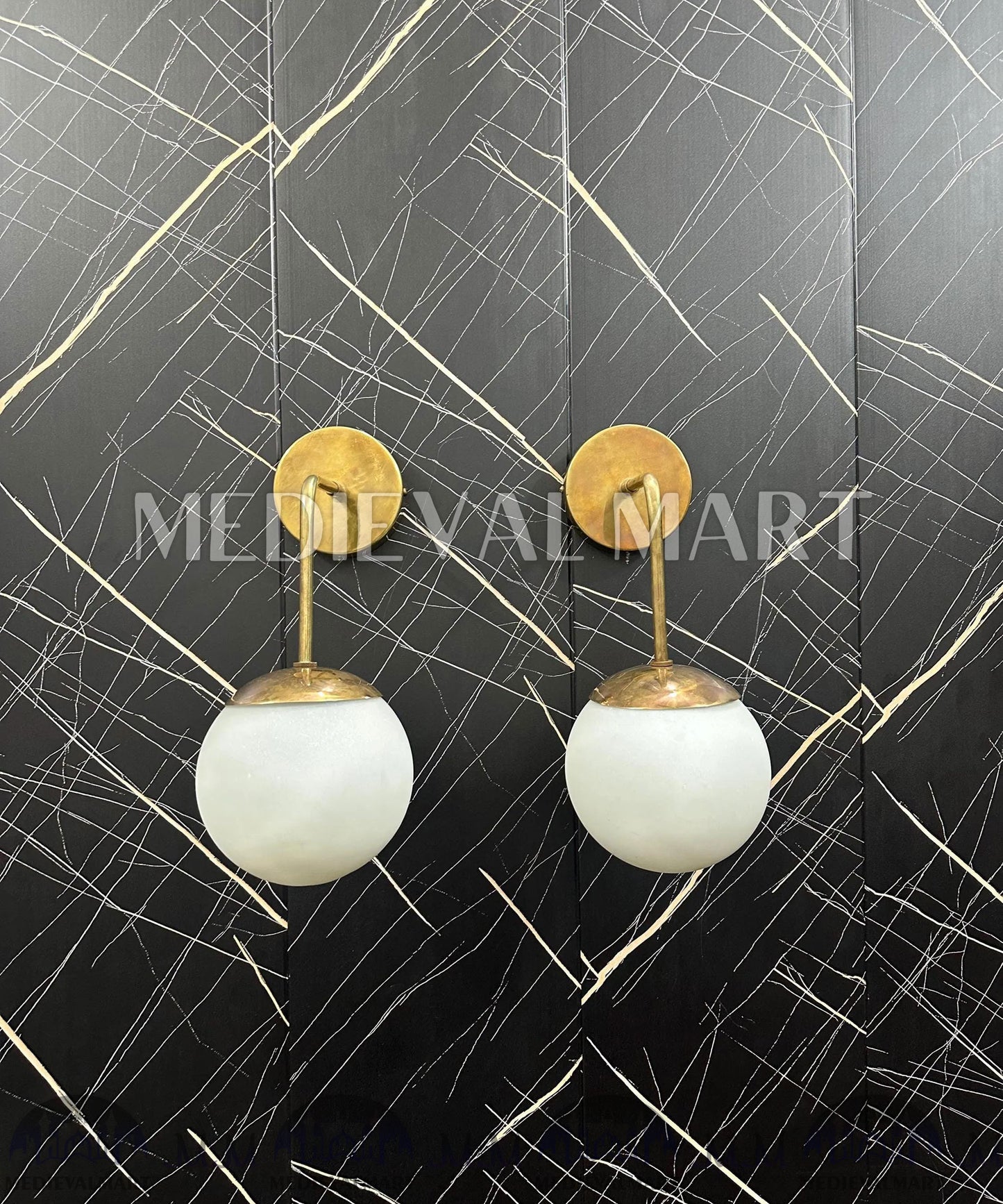 MEDIEVALMART Modern Brass Wall Sconce: Nordic Milky Globe Bathroom Light